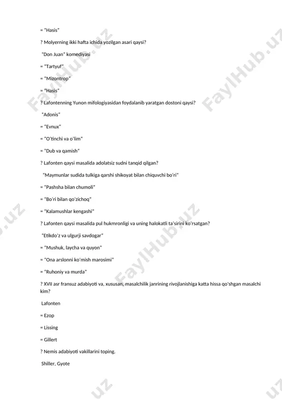 a, kansona ?? ritsarlik romanlari nechta turkumga bo‘linadi? 3 ta = 2 ta = 4 ta = 5 ta ?? xii asrdagi vizantiya va sharq bilan savdosotiqning rivoji va shaharlar mavqeining oshuvi qaysi adabiyotni rivojiga sabab bo‘ldi? shahar adabiyoti = klerikal adabiyot = ritsarkurtuaz adabiyoti = uyg‘onish adabiyoti ?? dantening “yangi hayot” to‘plami kimga bag‘ishlangan? beatrichega = afinaga = lauraga = krimxildaga ?? o‘rta asrlar ovro‘pa adabiyotining so‘nggi va shu bilan birga yangi zamonning eng avvalgi shoiri deb ta’rif berilgan ijodkor kim? dante aligeri = franchesko petrarka = jovanni bokachcho = kret’en de trua ?? petrarkaning qaysi asari vergiliyning “eneida” dostoniga taqlid qilib yozilgan? “afrika” = “rim” = “osiyo” = “gannibal” ?? xvii asr fransuz adabiyotiga, xususan, molyer va lafonten ijodiga katta ta’sir o‘tkazgan asar qaysi? rable. gargantyua va pantagryuel = roland jangnomasi = j.bokachcho. dekameron = kornel. sid ?? sohibqiron a.temur haqidagi ilk tragediya muallifi? k.marlo = r.grin = …