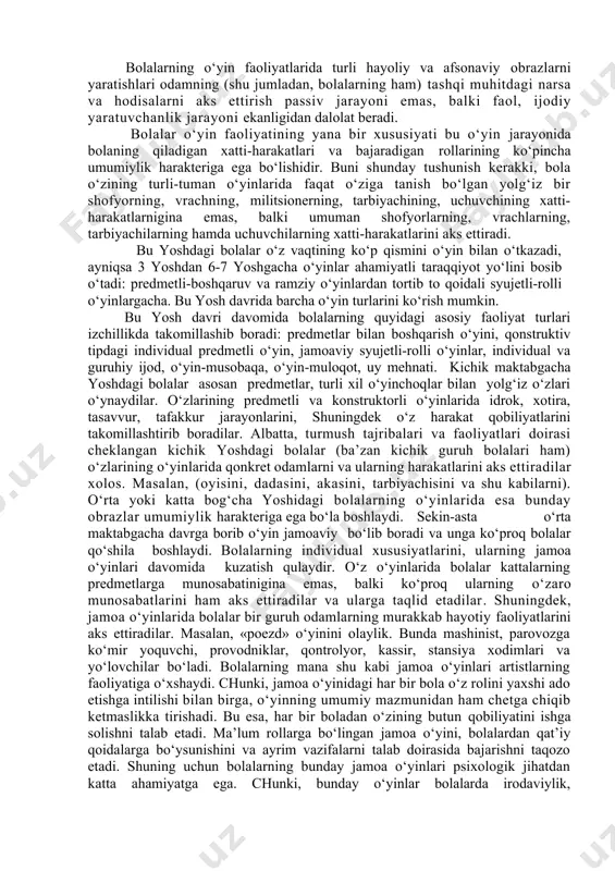 ‘l bilan qondira olmaydi. bu o‘rinda savol tug‘iladi. bolalarning tobora ortib borayotgan turli ehtiyojlari bilan ularning tor imkoniyatlari o‘rtasidagi qarama-qarshilik qanday yo‘l bilan hal qilinadi? bu qarama-qarshilik faqatgina birgina faoliyat orqali, ya’ni, bolaning o‘yin faoliyati orqaligina hal qilinishi mumkin. buni quyidagicha izohlab berish mumkin: - birinchidan, bolalarning o‘yin faoliyati qandaydir moddiy mahsulot ishlab chiqarishga qaratilgan faoliyat emas. shuning uchun bolalarni o‘yinga undovchi sabab (motiv) kelib chiqadigan natija bilan emas, balki shu o‘yin jarayonidagi turli harakatlarning mazmuniga bog‘liqdir; - ikkinchidan, bolalar o‘yin jarayonida o‘z ixtiyorlaridagi narsalarni, o‘zlarini qiziqtirgan, ammo kattalargagina mansub bo‘lgan narsalarga aylantirib, xohlaganlaricha erkin faoliyatda bo‘ladilar. bolalarning o‘yin faoliyatlari ularning jismoniy va psixik jihatdan garmonik ravishda rivojlanishi uchun birdan-bir vositadir. o‘yin bolalar hayotida shunday ko‘p qirrali faoliyatki, unda katgalarga mansub bo‘lgan mehnat ham, turli narsalar haqida tafakkur qilish, xom-xayol surish, dam olish va xushchaqchaqlik jarayonlarining barchasi o‘yin faoliyatida aniq bo‘ladi. shuni ham ta’kidlab o‘tish kerakki, o‘yin faqat tashqi muhitdagi …
