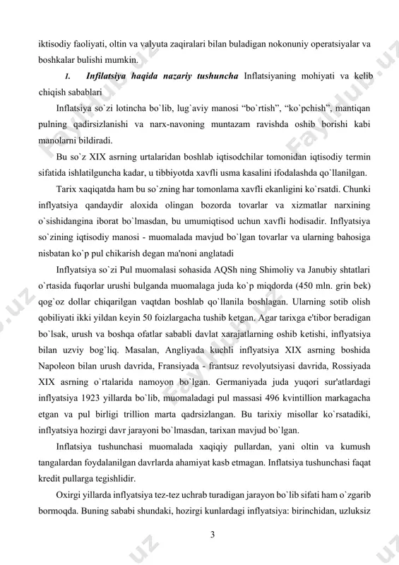 ning oshib kеtishi, inflyatsiya bilan uzviy bog`liq. masalan, angliyada kuchli inflyatsiya xix asrning boshida napolеon bilan urush davrida, fransiyada - frantsuz rеvolyutsiyasi davrida, rossiyada xix asrning o`rtalarida namoyon bo`lgan. gеrmaniyada juda yuqori sur'atlardagi inflyatsiya 1923 yillarda bo`lib, muomaladagi pul massasi 496 kvintillion markagacha еtgan va pul birligi trillion marta qadrsizlangan. bu tarixiy misollar ko`rsatadiki, inflyatsiya hozirgi davr jarayoni bo`lmasdan, tarixan mavjud bo`lgan. inflatsiya tushunchasi muomalada xaqiqiy pullardan, yani oltin va kumush tangalardan foydalanilgan davrlarda ahamiyat kasb etmagan. inflatsiya tushunchasi faqat kredit pullarga tegishlidir. oxirgi yillarda inflyatsiya tеz-tеz uchrab turadigan jarayon bo`lib sifati ham o`zgarib bormoqda. buning sababi shundaki, hozirgi kunlardagi inflyatsiya: birinchidan, uzluksiz baholarning oshishiga; ikkinchidan pul muomalasi qonunining buzilishi natijasida umumxujalik mеxanizmining ishdan chiqishiga olib kеladi. xx asr inflyatsiyasining asosiy sababi tovar kamyobligigina bo`lib qolmasdan, ishlab chiqarish va qayta ishlab chiqarishda krizislar mavjudligi bilan ifodalanadigan hozirgi davr inflyatsiyasi birinchidan; pul talabining tovar taklifidan oshishi natijasida pul muomalasi qonunining buzilishi; …