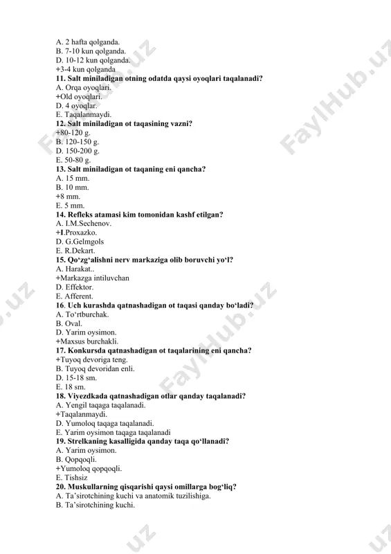 . tuyoqlar yuviladi va bintlanadi. d. tuyoq tovoni tozalanadi. e. tuyoqga sovuq keyin issiq qo‘llanadi. 9. sport otlarining taqalari qachon tekshiriladi? a. har xafta. b. har kuni. +har musobaqa va mashqdan so‘ng. e. reja bo‘yicha. 10. musobaqaga necha kun qolganda yangi taqa qoqiladi? a. 2 hafta qolganda. b. 7-10 kun qolganda. d. 10-12 kun qolganda. +3-4 kun qolganda 11. salt miniladigan otning odatda qaysi oyoqlari taqalanadi? a. orqa oyoqlari. +old oyoqlari. d. 4 oyoqlar. e. taqalanmaydi. 12. salt miniladigan ot taqasining vazni? +80-120 g. b. 120-150 g. d. 150-200 g. e. 50-80 g. 13. salt miniladigan ot taqaning eni qancha? a. 15 mm. b. 10 mm. +8 mm. e. 5 mm. 14. refleks atamasi kim tomonidan kashf etilgan? a. i.m.sechenov. +i.proxazko. d. g.gelmgols e. r.dekart. 15. qo‘zg‘alishni nerv markaziga olib boruvchi yo‘l? a. harakat.. +markazga intiluvchan d. effektor. e. afferent. 16. uch kurashda qatnashadigan ot taqasi qanday bo‘ladi? a. to‘rtburchak. …
