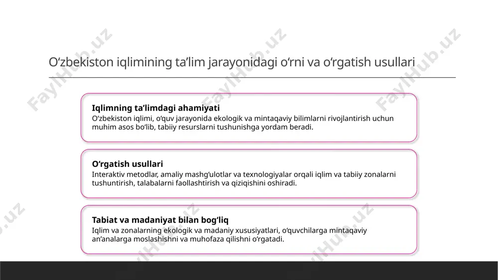 hududning ekologik va madaniy xususiyatlarini chuqur tushuntirish muhimdir. bu yondashuv ularning ekologik ongini rivojlantiradi. 02 kontekstual yondashuv o‘qituvchilar tabiiy zonalar va iqlim sharoitlarini amaliy misollar va real hayot holatlari bilan bog‘lab, o‘quvchilarga aniq va tushunarli tarzda taqdim etishi kerak. bu metod o‘rganishni qiziqarli qiladi. 03 mahalliy resurslardan foydalanish mahalliy ekologik va madaniy resurslarni o‘qitishda qo‘llash, o‘quvchilarga hududning tabiiy va madaniy boyliklarini anglash imkonini beradi, ularning mas’uliyatini oshiradi. interaktiv metodlar yordamida o‘zbekiston iqlimi va tabiat zonalarini tushuntirish usullari 1 interaktiv xaritalar yordamida elektron xaritalar va gis texnologiyalari orqali o‘zbekistonning iqlim va tabiiy zonalarini vizual tarzda ko‘rsatish, tushuntirish imkoniyatlari kengayadi. 2 rol o‘ynash va simulyatsiyalar talabalar uchun iqlim sharoitlarini simulyatsiya qilish, o‘rganish jarayonini qiziqarli va amaliy qilish uchun interaktiv o‘yinlar va rolli o‘yinlar o‘tkaziladi. 3 interaktiv dasturlar va ilovalar mobil va kompyuter ilovalari yordamida, talabalar o‘zlari uchun mos bo‘lgan iqlim va zonalarni o‘rganish, ma’lumotlarni mustaqil tahlil qilishadi. 4 tabiiy zonalar bilan amaliy …