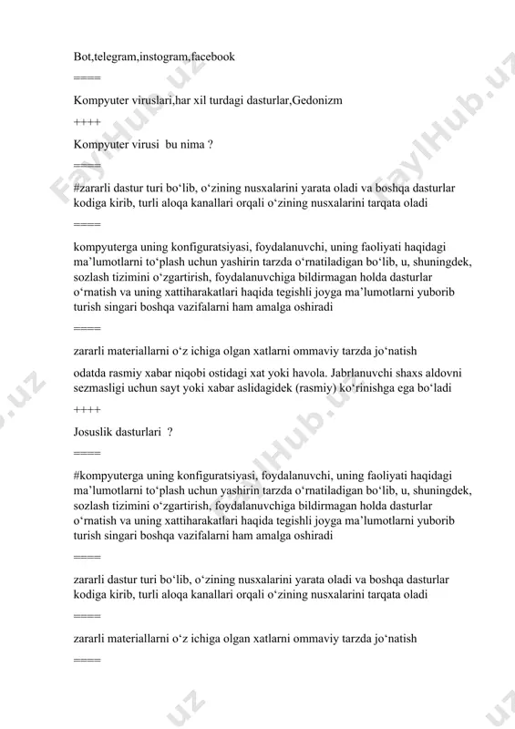 rzda o‘rnatiladigan ==== foydalanuvchiga bildirmagan holda dasturlar o‘rnatish va uning xattiharakatlari haqida tegishli joyga ma’lumotlarni yuborib turish singari boshqa vazifalarni ham amalga oshiradi ==== zararli dastur turi bo‘lib, o‘zining nusxalarini yarata oladi va boshqa dasturlar kodiga kirib, turli aloqa kanallari orqali o‘zining nusxalarini tarqata oladi ==== ++++ kompyuter virusining asosiy maqsadi nima? ==== #kompyuterni ishdan chiqarish, fayllarni o‘chirish, foydalanuvchi ishini to‘sish kompyuterga uning konfiguratsiyasi ==== zararli materiallarni o‘z ichiga olgan xatlarni ommaviy tarzda jo‘natish ==== odatda rasmiy xabar niqobi ostidagi xat yoki havola ++++ gedonizm qanaqa so’zdan olingan va nima manoni bildiradi? ==== #qadimgi yunoncha “zavq” ==== qadimgi xitoycha “dard” ==== qadimgi lotincha “shavq” ==== qadimgi yaponcha “hursandchilik” ++++ nechanchi yilda garvard biznes maktabi mustaqil tashkilot sifatida garvard business publishing (hbp) ni yaratdi? ==== #1994-yil ==== 1997-yil ==== 1998-yil ==== 1999-yil ++++ globallashuv so’zi qaysi tildan olingan va nima degan ma’noni bildiradi ? ==== qirg’izcha “globalizatsiya” dumaloqlashuv,quralashuv ==== #lotincha “globalizatsiya” …