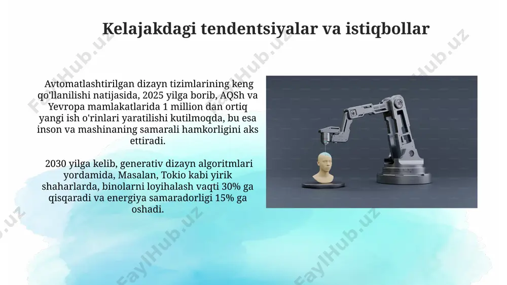 atlashtirilgan dizayn tizimlarining asosiy elementlari avtomatlashtirilgan dizayn tizimlarining asosiy elementi sifatida 3d modellashtirish dasturlari, masalan, autodesk inventor yoki solidworks, 200 dan ortiq funksiyalarga ega boʻlib, murakkab mahsulotlarni loyihalashda 50% vaqtdan tejashga yordam beradi. loyihalash jarayonining optimallashtirilishi uchun genetik algoritmlar va sunʼiy intellekt texnologiyalaridan foydalanish, masalan, aqshning kaliforniya shtatidagi kompaniyalar tomonidan ishlab chiqilgan dasturlar, mahsulotning 10% gacha og'irligini kamaytirishga imkon beradi. zamonaviy avtomatlashtirilgan dizayn tizimlarining afzalliklari avtomatlashtirilgan dizayn tizimlari, jumladan, siemens nx, murakkab 3d modellashtirishni tezlashtirib, 3000 dan ortiq geometrik elementlarni bir necha soat ichida qayta ishlashga imkon beradi, bu esa seuldagi dizayn studiyalarida qo'llanilmoqda. zamonaviy avtomatlashtirilgan dizayn tizimlari, masalan, autodesk inventor yordamida 30% ga yaqin vaqtni tejashga yordam beradi, natijada 500 dan ortiq loyihalarni samarali bajarish imkonini beradi, xususan, toshkentdagi yirik korxonalarda. generativ dizayn va sun'iy intellekt sun'iy intellekt asosidagi generativ dizayn platformalari, masalan, autodesk generative design, murakkab geometrik shakllarni optimallashtirish uchun 3d-bosma texnologiyalari bilan mukammal integratsiyalashgan. 2022 yilgi hisobotlarga …