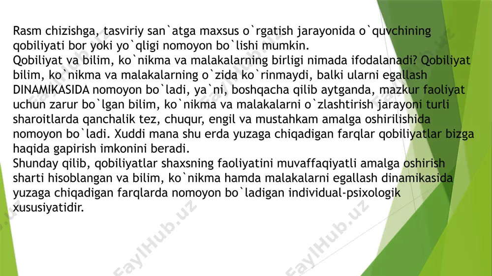 imoiy muhitga yaxshi moslasha oladilar. 2.yo’qori intellekt va past kreativlikka egalar. ular maktabda o’zini ko’rsatishga, yo’qori baholar olishga intiladilar. ular muvaffaqiyatsizliklarni og’ir boshdan kechiradilar, aytish mumkinki ularda muvaffaqiyatga ishonch emas, muvaffaqiyatsizlikdan qo’rqish ko’p. ular tavvakal kilmaydilar, o’z fikrlarini ko’pchilik oldida izhor qilmaydilar. ular indamas, ko’pchilikka (sinfdoshlariga) qushilmaydilar. ularning yaqin do’stlari juda kam. ularni o’z holiga tashlab qo’yishsa buni yoqtirishmaydi, ishlarini, o’qishini, hatti-harakatlarini tashqaridan adekvat baholanib turilishiga muhtoj. 3.past intellektga va yo’qori kreativlikka egalar. bunday o’quvchilar ko’p hollarda "yomonlar" sifatida baholanadilar. maktab talablariga qiyin moslashadilar, ko’pincha ularning qiziqishlari maktabdan tashqarida bo’lib, u yerda ular o’zlarning ijodiyliklarini nomoyon qiladilar. ular ko’pincha bezovta, o’zlariga ishonmaydi, o’zlarini kamsitilgandek his qiladilar. ko’pincha o’qituvchilar ularni diqqatsiz, befahm sifatida baholaydilar, chunki bu bolalar bir xil, zerikarli ishlarni istamay bajaradilar, diqqatini ishga to’play olmaydilar. 4.past intellekt va past kreativlikka egalar. tashqi muhitga yaxshi moslashadilar, ko’pincha "o’rtacha" mavqega ega. o’zlari egallab turgan ijtimoiy mavqe ularni qoniqtiradi. o’z-o’zini baholashlari adekvat, …
