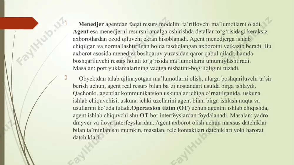 er bt 2 agent menedjer bt 3 agent menedjer menedjer bir rangli aloqalar holatida har bir menedjer quyi agentlardan oladigan ma’lumotlar asosida tarmoqdagi o‘z qismini (bo‘lagini) boshqaradi. markaziy menedjer mavjud emas. menedjerlar ishini muvofiqlashtirish (koordinatsiya) har bir menedjerning ma’lumotlar bazalari orasidagi ma’lumotlar almashish hisobiga yetishiladi. bir rangli boshqaruv tizimlari tuzilishi bugun unumsiz va eskirgan hisoblanadi. odatda, bu birlamchi modulli tizimlarga mo‘ljallanmagan, boshqaruv elementar tizimlari monolit tizim sifatida qurilganligi jihatidan kelib chiqqan (masalan, uskunalarni ishlab chiqaruvchilar tomonidan tayyorlangan ko‘p boshqaruv tizimlari boshqa boshqaruv tizimlari bilan hamkorlikda ishlashi uchun standart interfeyslari qo‘llanilmagan. keyinchalik bu pastki bosqich menedjeri tarmoq boshqaruv tizimini integrallashni yaratish uchun birlasha boshlaydilar. faqat bular orasidagi aloqalarni faqat ma’lumotlar bazalararo almashish bosqichida yaratishga imkon beradigan bo‘ldi, bu esa juda sekin. bundan tashqari bunday menedjerlar ma’lumot bazalarida tarmoqdagi boshqariluvchi elementlar to‘g‘risida ko‘p tavsilotlar yig‘ilib qoladi (chunki birlamchi bu menedjerlar quyi (pastki) daraja (bosqich) deb ishlab chiqilgan), oqibatda ishini muvofiqlashtirish axborot (informatsiya) …