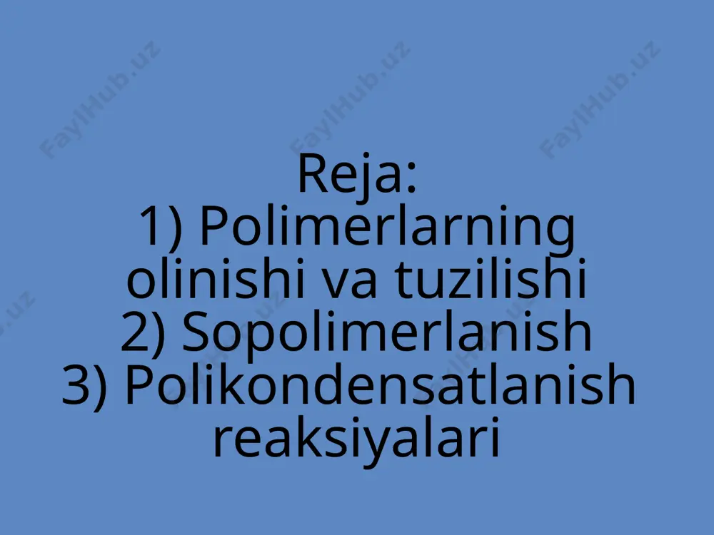 ar massasi turlicha bo’lgan makro-molekulalarnig aralashmasidan tashkil topgan. shu sababli, ham polimerlarning molekulyar massasi uning tarkibiga kirgan makromolekulya molekulyar massasining o’rtacha qiymatiga tengdir. ymb larning fizik va mexanikaviy xossalari ko’p jihatdan ularning molekulyar massasiga og’liq. molekulyar massasining ortib borishi bilan quyi molekulyar moddalar uchun xarakterli bo’lgan diffuziya, uchuvchanlik, eritmalardagi xarakatchanlik singari xossalsr asta-sekin yo’qolib, makromolekulalarning o’ziga xos )bo’kish, yuqori qovushqoqlik, qizidirilganda haydalmasdan parchalanish kabi) xususiyatlari paydo bo’ladi. polimerlarning olinishi va tuzilishi sintetik polimerlar ikki usulda polimerlanish va polikondensatlanish reaksiyalari orqali sintez qilinadi. polimerlanish reaksiyasi –quyi molekulyar moddalar –monometrlarning o’zaro birikib ymb hosil qilish reaksiyadir. polimerlanish molekulalararo birikish reaksiyasi bo’lib, bunda polimerdan boshqa qo’shimcha mahsulot hosil bo’lmaydi. polimerlanish monometr tarkibidagi qo’shbog’ning uzulishi yoki halqaning ochilishi hisobiga yuqori temperatura, bosim, yorug’lik, katalizator ta’sirida sodir bo’ladi. polimerlanish reaksiyasining mexanizmi monomerning tabiatiga qarab zanjirli va bosqichli bo’ladi. bosqichli polimerlanish sekin, zanjirli esa unga nisbatan tez ketadi. zanjirli polimerlanish o’z navbatida radikal va ionli mexanizmda …