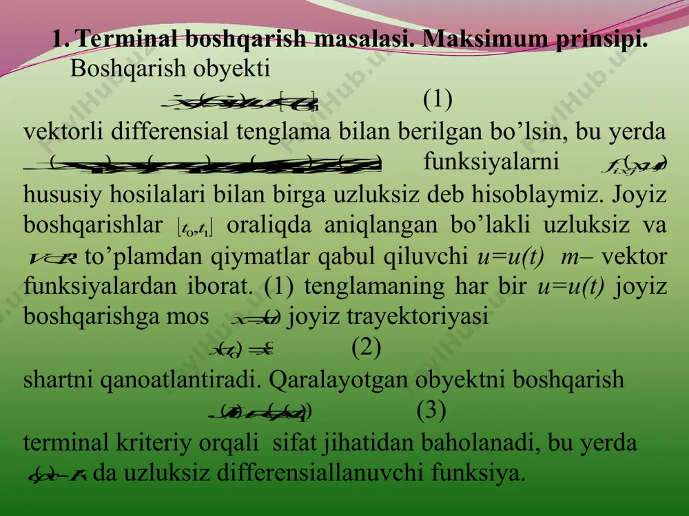 oshqaruv,   10 * ,, ttttx  optimal trayektoriya bo’lsa,,        10 ***** ,,,,,,,, max ttttuttxhttuttxh vu    (5) maksimum sharti bajariladi, bu yerda     ,,,,,',,, 1    n j jj tuxftuxftuxh    10 ,,' tttt funksiya     x ttutxh    ,,, **    (6)    x tx t    1 * 1   (7) qo’shma sistemaning yechimidir. 2. funksional orttirmasi uchun formula. teoremaning isbotiga o’tishdan oldin funksionalning orttirmas i uchun formula keltirib chiqaramiz.   tutuutuu  ~ , ,  10 ,ttt joyiz boshqaruvlar,  txx ,  txtxx  ~ ,  10 ,ttt , ularga mos joyiz trayektoriyalar bo’lsin.  ujujuj  ~ ayirmaga (3) f unksionalning  tuu boshqaruv bo’yicha orttirmasi deyiladi. (3) funksionalning aniqlanishidan va  …