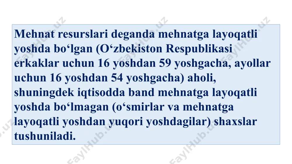 t lavozimlari bo‘yicha yuqori pog‘onaga ko‘tarish; - yollash shartlari, mehnat va unga xaq to‘lash sharoitlari; mehnat jamoasida qulay ruhiy muxitni yaratish. kadrlar siyosati birinchi o‘rinda insonni ishlab chiqarish va turmushdagi yangi ahloqini shakllantirish, ikkinchidan, novatorlik va yuqori mehnat unumdorligiga manfaatdorligini rivojlantirishi lozim. korxonaning kadrlar siyosati amaliyotda faqat ichki vazifa va muammolarni hal qilishdan tashqari, bandlik sohasida davlat siyosatiga tayanadi va quyidagilarni ko‘zda tutadi: - fuqarolarning mehnat xuquqi va kasb tanlash erkinliklarini amalga oshirishda bir hil imkoniyatlarga ega bo‘lishini ta’minlash; - fuqarolarning mehnat va tadbirkorlik tashabbuslarini qo‘llab-quvvatlash, ularning ishlab chiqarish qobiliyatlarini rivoylantirishga bandlik sohasidagi faoliyatni iqtisodiy va ijtimoiy faoliyatining boshqa yo‘nalishlari bilan uyg‘unlashtirish orqali ko‘maklashish; - mehnat faoliyati davrida va nafaqaga chiqqandan so‘ng xam xodimlarning ijtimoiy muxofazasini ta’minlash; - aholi bandligi muammolarini yechishda, qo‘shma korxonalar tuzish va ishlab chiqarish bilan bog‘liq loyihalarni amalga oshirish yo‘li bilan xalqaro hamkorlik yuritish va boshqalar. 2. mehnat resurslarining tarkibi va tuzilishi mehnat resurlarini shakllantirish manbalari …