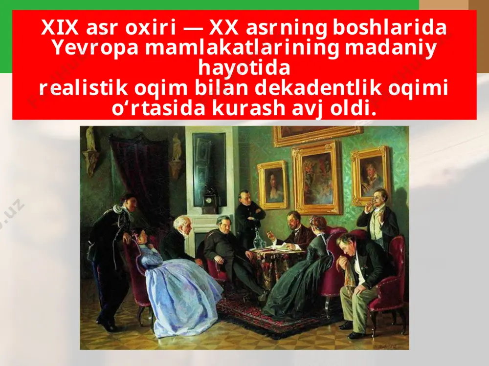 ziga sayohat“, „kapitan grant bolalari“, „o‘n besh yoshli kapitan“ asarlarining qahramonlari - jasoratli, dovyurak, kurashchan kishilardir. jyul vern naturalizm adabiyotni badiiy yangilashda inqilob yasadi. ularning yirik namoyandalaridan biri fransuz yozuvchisi emil zolya. o‘sha davr hayotini o‘tkir badiiy bo‘yoqlarda tasvirlagan bir guruh san’atkorlar o‘zlarini naturalistlar deb atadilar. emil zolya savol va topshiriqlar: 1. tanqidiy realizm adabiyoti qay tariqa vujudga keldi? 2. demokratik adabiyotning o‘ziga xos xususiyatlarini qayd eting. 3. adabiyotdagi naturalizm va dekadentlik, tanqidiy realizm oqimlarini taqqoslang. 4. xix asr oxiri — xx asr boshlari jahon adabiyotining yirik namoyandalari ijodi haqida nimalarni bilib oldingiz? image2.jpg image3.jpeg image4.jpeg image5.jpeg image6.jpeg image7.jpeg image8.jpeg image9.jpeg image10.jpeg image11.jpeg image12.png image13.jpeg image14.emf image15.jpeg image16.jpeg image1.jpg