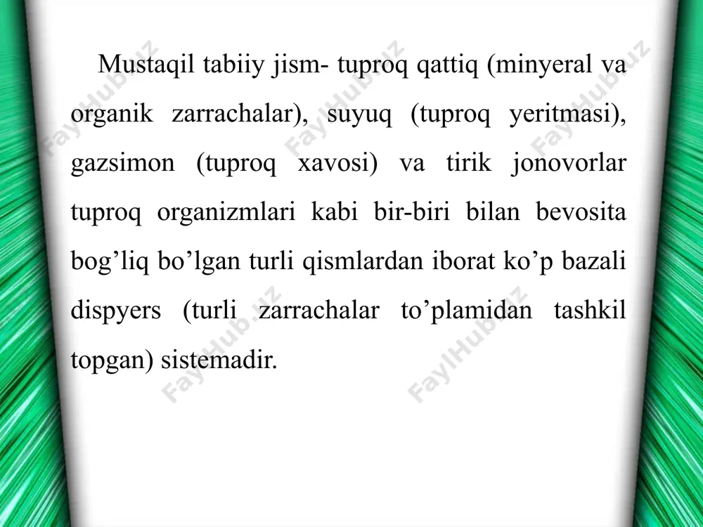bo’lib, odatda qoramtir tusli va tuproqqa tekis singib ketgan hamda minyeral qismi bilan juda mustahkam birikkan o’ziga xos moddadir. gumusning tarkibi asosan quyidagi uch guruh organik moddalardan iborat: respublika miqyosida atrof muhitga chiqarilgan asosiy ifloslantiruvchi moddalarning soxalar ulushi bo‘yicha dinamikasi (yilda/mivg tonna) mustaqillikka erishgunga qadar dehqonchilik faoliyatida pestitsidlar yoppasiga keng masshtabda qo‘llanilgan va yillar davomida ularning qoldiqlari to‘planishi natijasida tuproqning ifloslanishi vujudga kelgan har bir tuproqka tushgan kimyoviy modda tuproq qatlamlarida saqlanib, miqdori ortib boraveradi, ya’ni tuproq qoplami uzok yillar davomida zaharli moddalar ta’sirida qoladi. yuqoridagi ifloslovchi manbalardan turli ko‘rinishda (suyuq, qattik, gaz va boshqa) tuproq qoplamiga tushadi, ayniqsa sanoatlashgan toshkent va navoiy viloyalarida turli ko‘rinishdagi chiqindilar miqdori yuqori bo‘lib, chiqindilarning asosiy qismi maxsus maydonlarga ko‘miladi. sanoat va maishiy chiqindilar bo‘yicha olib borilayotgan amaliy islohatlar natijasida ma’lum qismi zararsizlantirilib, qayta ishlanmoqda, bu bilan tuproq qoplami kimyoviy ifloslanishining kamayishiga erishilmoqda. buni quyidagicha ifodalash mumkin: atmosfera havosiga chiqarilayotgan minglab tonna tashlanmalar yil …