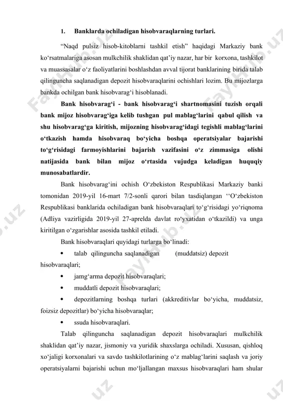 talab qilinguncha saqlanadigan depozit hisobvaraqlari mulkchilik shaklidan qat’iy nazar, jismoniy va yuridik shaxslarga ochiladi. xususan, qishloq xo‘jaligi korxonalari va savdo tashkilotlarining o‘z mablag‘larini saqlash va joriy operatsiyalarni bajarishi uchun mo‘ljallangan maxsus hisobvaraqlari ham shular jumlasidandir. budjet muassasalariga respublika va mahalliy budjet hisobidan ajratiladigan mablag‘larni keltirish hamda shu mablag‘lardan foydalanish uchun ularga talab qilib olinguncha saqlanadigan depozit hisobvaraqlari ochiladi. bank tizimi faoliyatining jahon standartlariga o‘tkazilishi munosabati bilan juda ko‘plab o‘zgarishlar kiritildi. masalan, korxona va tashkilotlarning operatsiyalari o‘tkaziladigan hisob-kitob hisobvaraqlari “talab qilinguncha saqlanadigan depozit” hisobvaraqlari deb nomlandi. bu hisobvaraqlarni nomerlash tartibi ham o‘zgardi. mijozlar hisob-kitob va kassa xizmatlaridan foydalanish uchun banklarni mustaqil ravishda tanlaydilar. har bir mijozga milliy va xorijiy valutada talab qilinguncha saqlanadigan asosiy depozit hisobvaraq faqat bitta bankda ochiladi. tadbirkorlik faoliyati sub’ektlari bo’lgan rezident yuridik shaxslar, yakka tartibdagi tadbirkorlar hamda dehqon xo’jaliklari tomonidan milliy valyutada talab qilib olinguncha depozit hisobvaraqlari ochish uchun bankka quyidagi xujjatlarni taqdim etishlari lozim: · hisobvaraq …