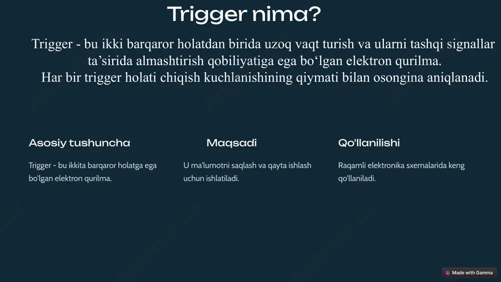 ssorlarda va boshqa murakkab qurilmalarda keng qo‘llaniladi. 5 asinxron triggerlar 1 mustaqil soat signaliga bog'liq emas. 2 tezkor kirish signaliga tez javob beradi. 3 kamchilik xatolik ehtimoli yuqori. asinxron tetriggerlar oddiy tuzilishga ega va kirish signallarining o‘zgarishiga tez javob beradi. ular ko‘pincha oddiy mantiqiy sxemalarda qo‘llaniladi. nor geyts yordamida triggerni amalga oshirish trigger belgisi triggerning eng keng tarqalgan turi rs trigger deb ataladi 6 trigger turlari d-trigger ma'lumotni kechiktirib uzatadi. jk-trigger universal trigger turi. t-trigger holatni har safar o'zgartiradi. asinxron triggerlar kirish signallarining kelishiga qarab o‘z holatini o‘zgartiradi. sinxron triggerlar esa maxsus sinxronlash signali kelgandagina o‘z holatini o‘zgartiradi. 7 qo'llanish sohalari xotira ma'lumotni saqlash uchun ishlatiladi. hisoblagich pulslarni hisoblash uchun. registr ma'lumotni saqlash va uzatish. triggerlar raqamli texnikada, avtomatikada, telekommunikatsiyada va boshqa sohalarda keng qo‘llaniladi. ular xotira elementlari, hisoblagichlar, registrlar va boshqa qurilmalarning asosiy qismi hisoblanadi. 8 afzalliklari 1 tezlik 2 ishonchlilik 3 keng qo'llanilish 4 oddiylik 9 xulosa triggerlar …