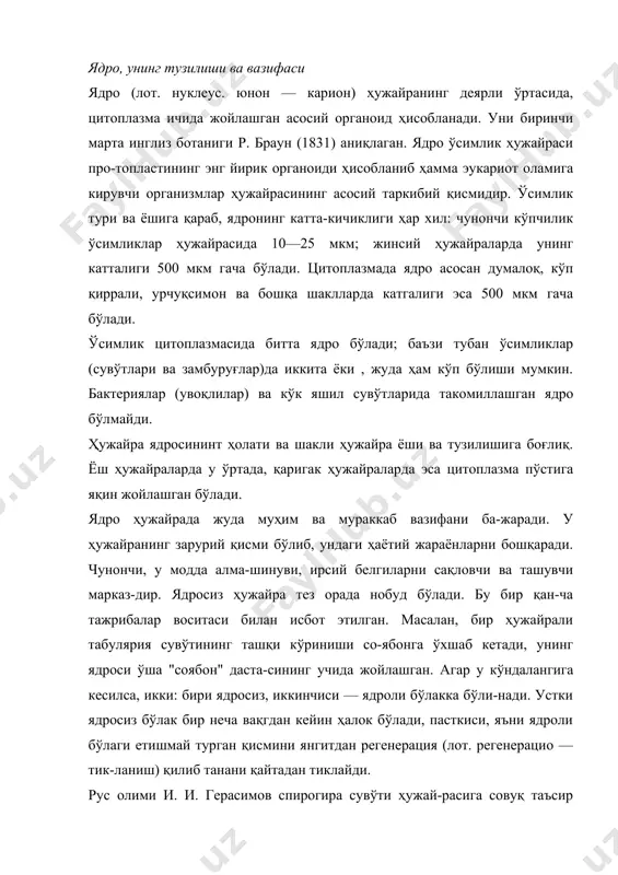 асдан, бўлинган ядро бит-та ҳужайрада қолиб, натижада икки ядроли ҳужайра ҳосил бўлган. ҳужайралар жуда тез ўсиб йирик ҳужайрага ай-ланган. ядросиз ҳужайра эса, тириклик белгиси, ассими-ляция (лот. ассимиляцио — ўхшатиш, ўзлаштириш) сақлаб, яъни ташқи муҳитдаги моддаларни ўзлаштириш-ни давом эттирган, лекин бўлиниш хусусиятини бутунлай йўқотган. бу тажриба билан и. и. герасимов ҳужайра ҳаётида ядронинг аҳамиятини исботлаган. ядронинг кимёвий таркиби. кимёвий тузилиши жиҳа-тидан ядро таркибида 99% днк бўлишлиги билан бошқа органеллалардан фарққилади. днк цитоплазманинг марказий қисмида жойлашиб, ядро таркибидаги дезоксири-бонуклеопротеидлар билан оқсил йиғиндисини ҳосил қила-ди. ядрода рнк (айниқса и-рнк ва р-рнк) ва жуда кўп миқцорда оқсиллар бўлади. ядро хроматин ва ядроча бўлиб, нуклеоплазмада ботган ҳолда учрайди. ядро цитоплазма-дан пўст билан ажралиб туради. хроматин (юнон. хром а — ранг, бўёқ) ҳужайра ядро-сидаги днк мураккаб оқсил доначаларидан иборат. ёруғ-лик микроскопида улар ингичка иплар шаклида кўрина-ди. электрон микроскопда бу ипчалар узунлиги 20—30 нм га тенг келадиган фибрилла (лот. фибрилла — тола) — лардан иборат бўлиб кўринади. …