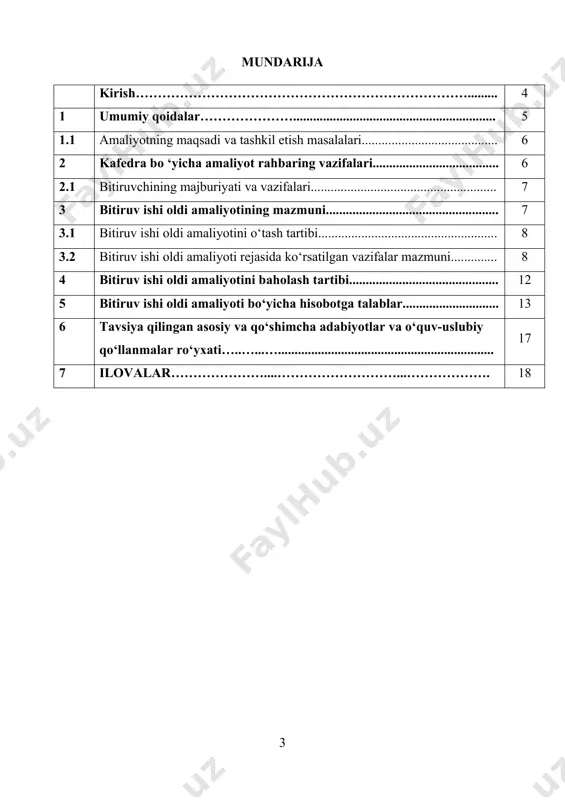 2024-yil 11-yanvardagi 9-son buyrug‘i, o‘zbekiston respublikasi oliy va o‘rta maxsus ta’lim vazirining “oliy ta’lim muassasalari talabalarining malaka amaliyotini o‘tash tartibini takomillashtirish to‘g‘risida”gi 2022-yil 13-iyundagi 202-son buyrug‘i bilan tasdiqlangan namunaviy nizom, o‘zbekiston respublikasi qishloq xo‘jaligi vazirligining tizimidagi oliy ta’lim muassasalari talabalarining malaka amaliyotini o‘tash tartibi to‘g‘risidagi nizom hamda toshkent davlat agrar universiteti rektorining 2024-yil 17-yanvardagi 1-9-6/12-son hamda 2022-yil 20-iyundagi 1-9-6/179-son buyruqlaridan kelib chiqqan holda, universitet ilmiy kengashi tomonidan tasdiqlangan o‘quv rejasi asosida amalga oshiriladi. bitiruv ishi oldi amaliyotining maqsadi vazirlik va idoralarda, agrar soha va qishloq xo‘jaligi tarmoqlarida faoliyat ko‘rsatayotgan korxona va tashkilotlarining faoliyatida talabalarni mustaqil ish yuritish, kreativ fikrlash, tezkor qaror qabul qilish bo‘yicha ko‘nikmalarini hosil qilish hisoblanadi. bitiruv ishi oldi amaliyoti dasturida talabalar tomonidan o‘quv amaliyoti dasturini muvaffaqiyatli ishlab chiqish uchun zarur bo‘lgan asosiy ma’lumotlar, uning maqsadi, vazifalari va buxgalteriya hisobi va hisobot hujjatlarini yuritish talablari keltirilgan. o‘quv dastur 60811500 – zooinjeneriya (baliqchilik) ta’lim sohasining ta’lim yo‘nalishlari talabalari va …