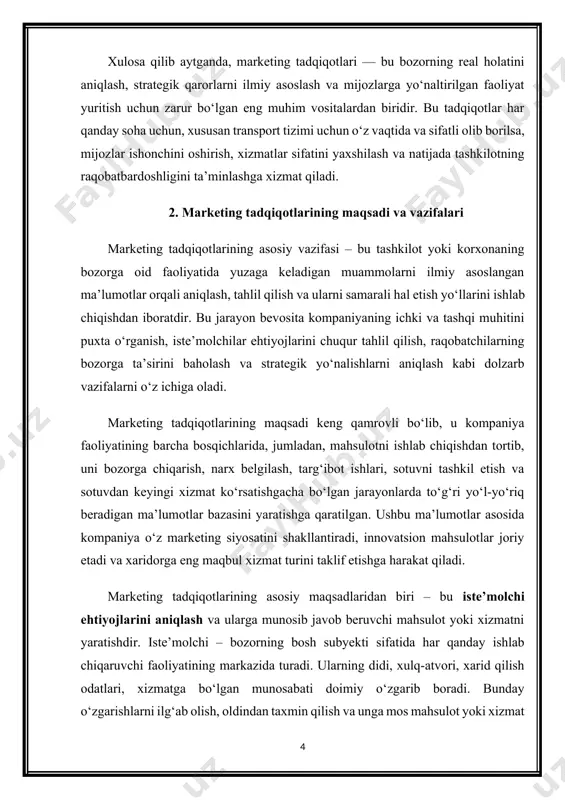aniqlash va ularga munosib javob beruvchi mahsulot yoki xizmatni yaratishdir. iste’molchi – bozorning bosh subyekti sifatida har qanday ishlab chiqaruvchi faoliyatining markazida turadi. ularning didi, xulq-atvori, xarid qilish odatlari, xizmatga bo‘lgan munosabati doimiy o‘zgarib boradi. bunday o‘zgarishlarni ilg‘ab olish, oldindan taxmin qilish va unga mos mahsulot yoki xizmat ishlab chiqish esa faqat marketing tadqiqotlarining to‘g‘ri tashkil etilishi orqali amalga oshadi. transport sohasida bu holat yanada dolzarb ahamiyat kasb etadi. chunki yo‘lovchi yoki yuk tashish xizmatlariga bo‘lgan talab, ularning yo‘nalishlari, narxlari va sifati – doimo harakatda bo‘lgan, mavsumiy va ijtimoiy omillarga bog‘liq tizimdir. masalan, temiryo‘l transportida bahor va yoz mavsumida yo‘lovchi oqimi keskin oshadi, ayrim viloyatlar bo‘yicha esa bu ko‘rsatkich past bo‘lishi mumkin. shu sababli, marketing tadqiqotlari yordamida aynan qaysi yo‘nalishlarda qo‘shimcha poyezdlar tashkil etish, qayerda tarif siyosatini qayta ko‘rib chiqish zarurligi aniqlanadi. marketing tadqiqotlarining yana bir muhim maqsadi — bozordagi raqobatchilar faoliyatini tahlil qilish va ularga nisbatan qanday ustunliklarga ega …