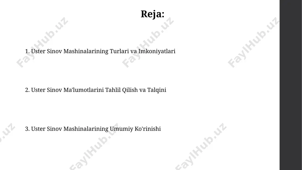 i uster tizimlari yordamida 100 mingdan ortiq ip namunalarini tahlil qilish mumkin, natijalar aniq va takrorlanuvchan bo'lib, iplik ishlab chiqarish jarayonini optimallashtirishga yordam beradi. uster iplarni mustahkamlikka tekshirishda 5 dan ortiq parametrlarni, shu jumladan, uzilish uzunligini, kuchini va bir xilligini aniqlaydi, bu esa iplik sifatining ob’yektiv baholanishiga imkon beradi. uster testing mashinalarining ish prinsipi uster texnologiyalari, yuz minglab tolalarni bir necha soniya ichida tahlil qilib, yogʻ, tozalash darajasi, singan tolalar va boshqa koʻrsatkichlar boʻyicha aniq statistik ma'lumotlar beradi. uster sinov mashinalari tolalarni uzunligi boʻyicha 5-10 sm uzunlikdagi segmentlarga ajratib, har bir segmentdagi nuqsonlar sonini aniqlaydi, shuningdek, tolalarning mustahkamligi va bir xilligini oʻlchaydi. uster testing mashinalari bo'yicha mutaxassislarni tayyorlash kurs davomida kamida 5 turdagi uster sinov mashinalarining (masalan, uster tester 6, uster quanita) ishlatilishi va ularning texnik xususiyatlari chuqur o'rganilishi ta'minlanishi zarur. malakali mutaxassislarni tayyorlash uchun o'quv dasturiga uster kompaniyasining sertifikatlash dasturi va 300 soatdan ortiq amaliy mashg'ulotlarni o'z ichiga olishi …