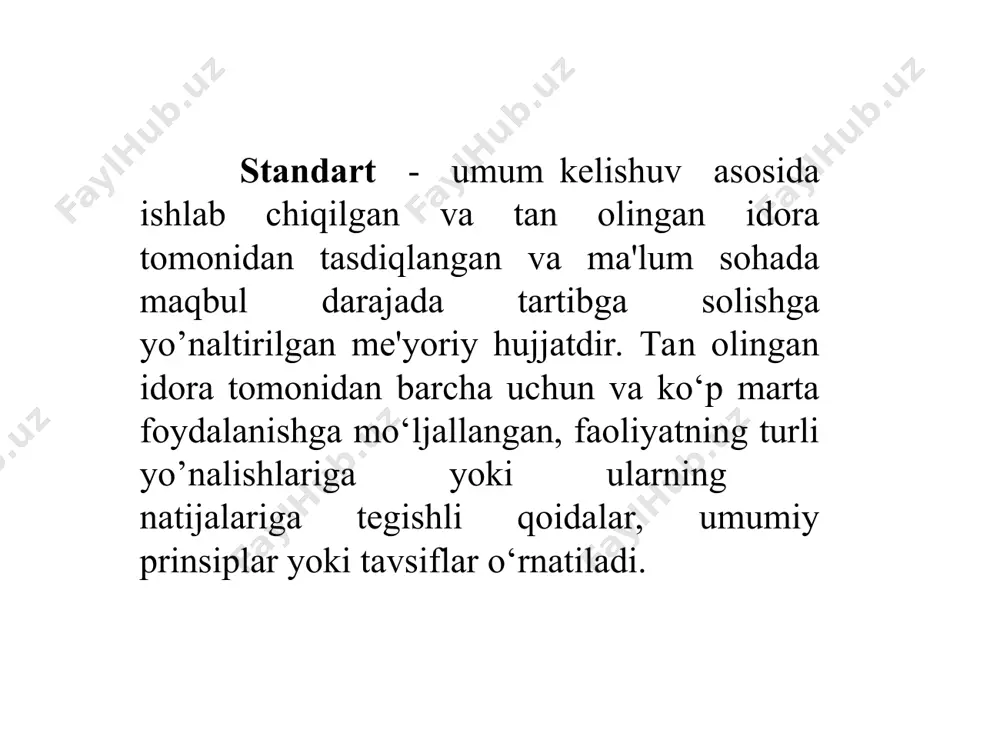 ashtirish davlat tizimi (o‘z sdt) amalda qo‘llaniladi. o‘zbekiston respublikasi standartlashtirish davlat tizimining asosiy tamoyillari vazirlar mahkamasining 1992 yil martda qabul qilingan №93 “o‘zbekiston respublikasida standartlashtirish bo‘yicha ishlarni tashkillashtirish to‘g‘risida”gi qarori bilan belgilangan. o‘zbekiston standartlashtirish davlat tizimi: - me'yoriy hujjatlarni rejalashtirish, ishlab chiqish, kelishish, davlat ro‘yxatidan o‘tkazish; - me'yoriy hujjatlarni tekshirish, bekor qilish, qayta ko‘rib chiqish, ularga o‘zgartarishlar kiritish; - mahsulot ishlab chiqarishni me'yoriy hujjatlar bilan ta'minlash; - xizmat ko‘rsatish, tashish, saqlash, xaridga chiqarish, ta'mirlash, ishlatish (iste'mol qilish), qayta foydalanish; - me'yoriy hujjatlarning ilmiy-texnikaviy darajasini ekspertizadan o‘tkazish va baholash ishlarini o‘tkazish usullari; - xalqaro, davlatlararo, hududiy, xorijiy standartlarni qo‘llanish usullari va h.k. tartibini o‘rnatadi. o‘z sdt asos bo‘luvchi me'yoriy hujjatlar majmuidan iborat. bu hujjatlar tashkiliy-metodik va umumtexnikaviy standartlarga tasniflanadi. tashkiliy-metodik standartlar quyidagilarni belgilaydi: - muayyan sohadagi ishlar bo‘yicha maqsadlarni, vazifalarni, umumiy tashkiliy- texnikaviy qoidalarni; - standartlashtirish bo‘yicha ishlarni bajarishga oid asosiy tashkiliy- texnikaviy qoidalarni; - me'yoriy hujjatlar, texnik hujjatlar (konstruktorlik, texnologik, …