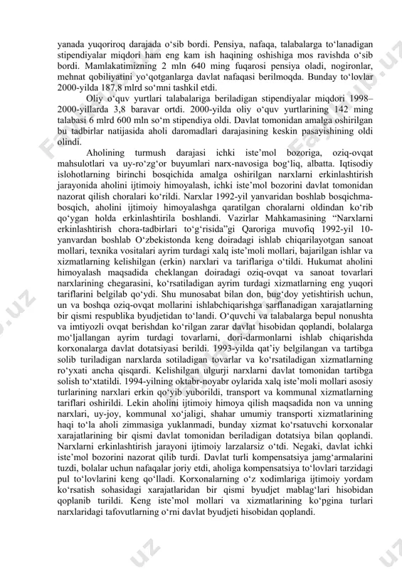 ni berdi. eng kam ish haqini muntazam oshirish orqali aholining o‘rtacha ish haqi, pul daromadlari ham oshib bordi. 1994-yilda mazkur tarif setkasiga muvofiq eng kam ish haqi 150 so‘m bo‘lgan bo‘lsa, 1995-yilda 250 so‘m, 2009-yil 1-dekabrdan 37680 so‘m, 2010-yil 1-dekabr-dan 49735 so‘m, 2012-yil 1-avgustdan 72355 so‘mga yetdi. eng kam ish haqidan kelib chiqqan holda davlat byudjetidagi tashkilot va muassasalari xodimlarining oylik maoshi tarif setkasida ular uchun belgilangan koeffitsiyentlarga mos ravishda oshirib borildi. davlat tasarrufidan chiqarilgan korxonalarda, masalan, sanoat, transport, aloqa, qurilish, axborot-hisoblash tarmoqlaridagi ishchi-xizmatchilarning maoshi yanada yuqoriroq darajada o‘sib bordi. pensiya, nafaqa, talabalarga to‘lanadigan stipendiyalar miqdori ham eng kam ish haqining oshishiga mos ravishda o‘sib bordi. mamlakatimizning 2 mln 640 ming fuqarosi pensiya oladi, nogironlar, mehnat qobiliyatini yo‘qotganlarga davlat nafaqasi berilmoqda. bunday to‘lovlar 2000-yilda 187,8 mlrd so‘mni tashkil etdi. oliy o‘quv yurtlari talabalariga beriladigan stipendiyalar miqdori 1998–2000-yillarda 3,8 baravar ortdi. 2000-yilda oliy o‘quv yurtlarining 142 ming talabasi 6 mlrd 600 …