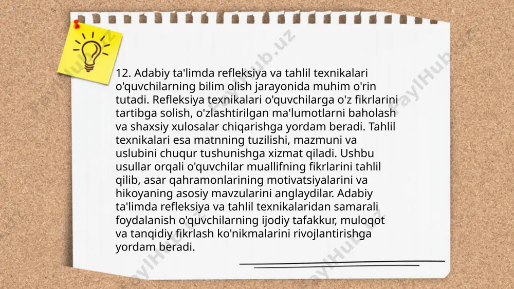onaviy nazariyalari xx asrda, xususan rossiyada formalizm, strukturalizm, poststrukturizm kabi yo‘nalishlar orqali rivojlandi. antoni x.r. uest, mustafo zeyniddin kabi olimlar tanqidning nazariy jihatlarini keng o‘rgangan. tanqidchi asarlarni baholashda, ular turli metodologiyalardan foydalanadi, jumladan semiotika va psixoanaliz. tanqid zamonaviy adabiyotga ijobiy va salbiy ta'sir ko‘rsatishi mumkin. ... t.me/slaydai_bot zamonaviy adabiy jarayonlar o‘z ichiga turli mavzularni qamrab oladi, jumladan, postmodernizm, globalizatsiya va raqamli adabiyot rivojlanishini. yozuvchilar endilikda turli axborot vositalari orqali o‘z asarlarini yaratishadi va ulashishadi. 2020-yillarda internet orqali chop etilgan asarlar va elektron kitoblarning ahamiyati oshib bormoqda. yozuvchilar yangi janrlar, masalan, fla-blicion va interaktiv hikoyalarni tajriba qilib ko‘rishmoqda. axborot texnologiyalari rivojlangan sari, yangi avlod o‘quvchilari zamonaviy tendentsiyalarni kuzatib, interaktiv adabiyotga qiziqishmoqda. shuningdek, turli madaniy va milliy tasvirlarning birlashuvi ham kuzatilmoqda, bu esa adabiyotda xilma-xillikni oshirmoqda. ... t.me/slaydai_bot 8. adabiy tanqid va ijodkorlik adabiy tanqid va ijodkorlik adabiyotshunoslikning muhim qismidir. tanqid, asosan, adabiy asarlarni tahlil qilish, ularning ijobiy va salbiy jihatlarini ko'rsatish …