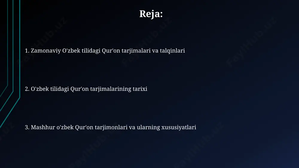 jimalarning mavjudligi qur'on tafsirini chuqurroq o'rganishga, islom ilmining rivojlanishiga va 21-asr o'zbek musulmonlari uchun diniy bilimlarni boyitishga yordam beradi. qur'on tarjimasidagi muammolar va muhokamalar ba'zi tarjimalarda ishlatilgan arabcha so'zlarning to'g'ri uzbekcha ekvivalenti yo'qligi va shu sababli kelib chiqadigan tafsir farqlari muhim masaladir. qur'on tarjimalarining ko'pligi (10 dan ortiq) va ularning har xil uslubiy yondashuvlari (semantik, filologik) o'rtasidagi mos kelmasliklar muhokama qilinadi. tarjima uslublari va yondashuvlar tafsir ilmi bilan chambarchas bog’liq bo’lgan tarjimalarda 30 dan ziyod hadis va sharhlarga murojaat qilinishi uchraydi. ba’zi tarjimalar lug’aviy aniqlikka, boshqalari esa ma’noviy ifodaga ustunlik berib, turli interpretatsion usullarni qo’llaydi. e'tiboringiz uchun rahmat @taqdimot_robot image1.jpg image2.jpg image3.jpg image4.jpg image5.jpg image6.jpg image7.jpg