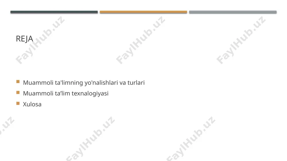 lim texnologiyasi ta'lim samaradorligini oshiradi, o'quvchilarning qiziqishini kuchaytiradi va amaliyotga yo'naltirilgan bilimlarni taqdim etadi. muammoli ta'lim texnalogiyasining amaliyotda qo'llanilishi va misollar. muammoli masalalar muammoli ta'lim texnalogiyasi o'quvchilarga haqiqiy hayotiy masalalarni hal etishda ko'maklashadi, ularning muammolarni tahlil qilish qobiliyatini oshiradi. dars misollari o'qituvchilar muammoli ta'lim jarayonida, masalan, ekologik muammolar yoki iqtisodiy vaziyatlar bo'yicha guruhiy muhokamalar o'tkazib, o'quvchilarni jalb qilishadi. o'zbekistondagi tajribalar o'zbekistonning bir qator oliy o'quv yurtlarida muammoli ta'lim texnologiyalari muvaffaqiyatli qo'llanilmoqda, natijada talabalar faol ishtirok etmoqda va o'z fikrlarini ifoda etish qobiliyatini oshirmoqda. muammoli ta'lim texnalogiyasining ta'lim jarayonidagi ahamiyati. 1 muammoli ta'limning maqsadi muammoli ta'lim texnalogiyasi o'quv jarayonida muammolarni hal qilish orqali talabalar fikrlash qobiliyatini rivojlantirishga yordam beradi. 2 o'quvchilarning faolligi muammoli ta'lim, o'quvchilarni faol ishtirok etishga undaydi, bu esa o'z-o'zini anglash va muammolarni yechish qobiliyatini oshiradi. 3 tanqidiy fikrlash muammoli ta'lim texnalogiyasi talabalarni tanqidiy fikrlashga ruhlantiradi, shuningdek, muammolarni tahlil qilish va yechimlar izlashda qobiliyatlarini kuchaytiradi. muammoli ta'lim orqali o'quvchilarning …