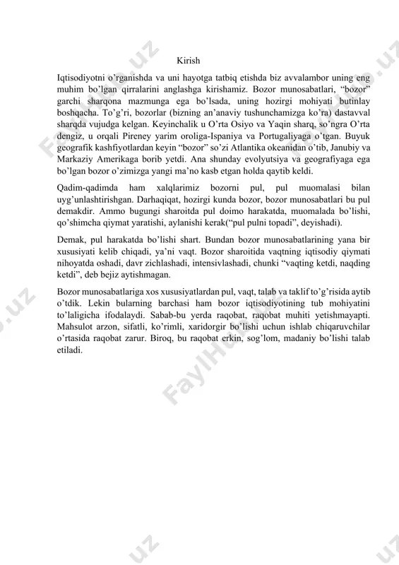 qobat zarur. biroq, bu raqobat erkin, sog’lom, madaniy bo’lishi talab etiladi. ijtimoiy xo’jalik shakllari. tovar va pul munosabatlari ijtimoiy xo’jalik shakllari va uning rivojlanishi tarixan ikkita: natural ishlab chiqarish va tovar ishlab chiqarishdan iborat bo’lgan. natural xo’jalik umuminsoniy iqtisodning tarixan birinchi shakli bo’lib, bunda mehnat mahsulotlari ishlab chiqaruvchilarning o’z shaxsiy ehtiyojini qondirishga sarflanadi. natural xo’jalik sharoitida mahsulot ayirboshlanmaydi va sihlab chiqaruvchining o’zi uchun hayotiy vositaga aylanadi. natural ishlab chiqarish ijtimoiy mehnat taqsimotining rivojlanmaganligi oqibati sifatida vujudga kelgan. ishlab chiqaruvchi mehnat jatayoni uchun kerakli bo’lgan vositalarni o’zi yaratadi. natural xo’jalikning muhim belgilari: xususiy mulkga asoslanganligi, o’zi mehnat qilishi, o’zi ehtiyojini qondirishi, bozor bilan aloqada bo’lmasligi, foyda olishga ega bo’lmasligi. natural xo’jalik bozor iqtisodiyotiga qadar ijtimoiy ishlab chiqarishning asosiy shakli bo’lib kelgan. u iqtisodiy jihatdan mustaqil bo’lgan. natural xo’jalik sharoitida har bir mulkdorning alohida o’z xo’jaligi bo’lgan. natural xo’jalikda asosiy xo’jalik tarmog’i dehqonchilik bo’lib, unga qo’shimcha tarzda hunarmandchilik rivoj topgan. ishlab chiqarish …