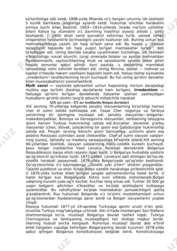 ashi, uning rossiyaga qarshi urush e'lon qilishi mumkinligi haqidagi do'q-po'pisalari sabab bo'ldi.turkiya va italiya manfatlarining shimoliy afrikada to’qnashuvi oxir-oqibatda 1911-yilda ular o'rtasida urush kelib chiqishiga olib keldi. bu urushda turkiyaning yengilishi uni yanada zaiflashtirdi. bu omil janubiy slavyan xalqlarining turkiya zulmidan ozod bo'lishlari uchun olib borilayotgan kurashlarining yanada kuchayishiga qulay sharoit yaratgandi. bu qulay sharoitdan foydalangan bolqonning mustaqil davlatlari bolgariya, serbiya, chernogoriya va ularga qo'shilgan gretsiya tez orada bolqon ittifoqini tuzdilar. ittifoq 1912- yilda turkiyaga qarshi urush boshladi. bu urush tarixga „birinchi bolqon urushi" nomi bilan kirgan. bu urush bolqon slavyanlari va greklarning turkiya hukmronligidan ozod bo'lishi bilan tugadi. biroq, ittifoqchilar turkiyadan ozod etilgan hududlarni bo'lish masalasida o'zaro kelisha olmadilar. bunga bolgariyaning hammadan ko'p ulush olishga urinishi sabab bo'ldi. uning da'volari avstriya-vengriya tomonidan qo'llab-quvvatlandi. avstriya-vengriya shu yo'l bilan buyuk britaniya, fransiya va rossiya madadiga tayanayotgan bolqon ittifoqini buzib yubormoqchi edi. chunki, bu ittifoqning mavjudligi avstriya-vengriyaga bolqonda mustahkam o'rnashib olishga imkon …