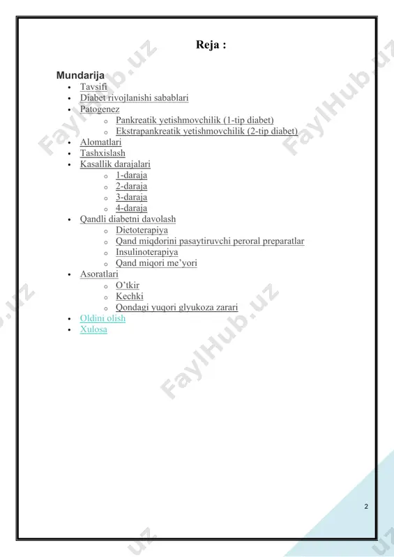 tabolik, immunologik parametrlar, genetik darajadagi tashqi tasirlarda o’z aksini topadi. yosh, etnik farqlardan tashqari semizlik, mashg’ulot turi ham katta tasir ko’rsatadi. qandli diabet qishloq aholisiga nisbatan shahar aholisida ko’p tarqalgan. nazariy qism ma’lumki, qandli diabetning 2 turi mavjud bo’lib (qd i, qd ii), birinchi turi kam uchraydi (ko’pincha bolalar va balog’at yoshidagi bolalarda uchraydi), qd ii turi kasallikning 85 % tashkil qiladi. bu endokrin patologiyasi eng ko’p tarqalgan turi bo’lib, jahon mamlakatlari bo’ylab 3% tashkil qiladi. diabet kelib chiqishida ko’pincha irsiy va tashqi omillar asosiy rol o’ynaydi. bundan tashqari, qd i chi turida insulin hosil bo’lishi jarayonida s-oqsilning ahamiyati beqiyosdir [14,29]. insulinga bog’liq qandli diabet insulin hosil qiluvchi hujayralar (β- hujayralar)ning autoimmun shikastlanishidan, bu hujayralarning distrofiyasi, orolchaning bujmayib qolishidan, insulinning umuman hosil bo’lishi to’xtashidan kelib chiqadi. glyukozaning hujayralarga bormasdan, qonda ko’payib ketishi, organizmda oqsillar parchalanishi va sintezi buzilishiga olib keladi [8,15]. yog’ depolarida yog’larning parchalanishi tezlashadi va ularning mahsuloti qonda …