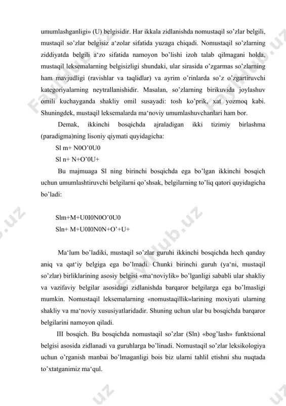 i bois biz ularni tahlil etishni shu nuqtada to’xtatganimiz ma‘qul. mustaqil leksemalar guruhi bu bosqichda «ma‘noning ishoraviyligi» (d-deyktivlik) belgisi asosida noto’liq ziddiyatli munosabatini namoyon qiladi. bunda ishoraviy ma‘noli so’zlar-olmoshlar ajralib chiqadi. fe‘l, ot, sifat, son, ravish, taqlid va so’z- gaplardan iborat guruhning bu ziddiyatda belgisizligining sababi shundaki, ularning barchasining tarkibida semantik «bo’shashgan» va olmoshlarga yaqinlashgan so’zlar talayginadir (narsa, kishi kabi otlar, shunday qilmoq/bo’lmoq kabi fe‘llar, boshqa, hozirgi kabi sifatlar, ko’p, oz kabi miqdor sifatlari, endi, picha kabi ravishlar hamda so’z-gaplarning barchasi ishoraviy ma‘noli birliklardir). bu guruh ham o’z navbatida yana ikki guruhga: a) atovchi/nomlovchi so’zlar guruhiga (sl ma) va b) tasvirlovchi so’zlar (sl mt)ga ajraladi. bunday ajratish «tasvirlovchilik» (t) belgisi asosidagi privativ ziddiyat zaminida bo’lib, bunda so’z-gaplar, taqlidlar tasvirlovchi so’zlar-gaplar, taqlidlar tasvirlovchi so’zlar sifatida belgili a‘zo, atovchi/nomlovchi bo’lgan qolgan leksemalar (fe‘l, ot, sifat, son, ravish belgisiz a‘zo mavqeida bo’ladi. atovchi leksemalarning «tasvirlovchilik» belgisiga nisbatan neytralligi esa bu so’zlar ichida ma‘nosida …