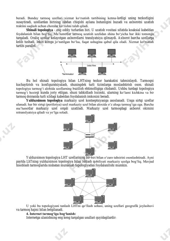 , novell netware, microsoft lan manager va boshqalar). 5) tarmoq operatsion tizimlarini ishlatish boʻyicha (tarmoq os): • gomogenli - qamma tugunlarda bir xil yoki yaqin operatsion tizimlardan foydalaniladi (masalan, windows os tarmogʻi); • geterogenli - bir vaqtning oʻzida bir nechta tarmoq operatsion tizimlari ishlatiladi (masalan, novell netware va windows). lokal tarmoqda axborotni uzatish uchun axborotni marshrutlash va selektsiyalash lozim boʻladi. marshrutlash bu — kerakli manzilga axborot blokini uzatish yoʻlini aniqlash jarayonidir. selektsiyalash — tegishli manzildagi axborotni saralash demakdir. lokal tarmoqlar selektsiyalash orqali axborotni bir abonent tizimidan boshqa tizimga uzatishni ta’minlaydi. mintaqaviy tarmoq — biror tuman, viloyat yoki respublika miqyosidagi kompyuterlarni oʻzida mujassamlashtirgan tarmoq. bunday tarmoqda bir nechta markazlashgan (ya’ni lokal tarmoqlarni birlashtiruvchi) juda quvvatli serverlar mavjud boʻladi va bunday serverlar oʻrtasidagi axborot aloqa kabeli, optik tolali yoki sun’iy yoʻldosh radioaloqa kanallari yordamida uzatiladi. 2. internet va intranet: global tarmoq — dunyoning ixtiyoriy davlatidagi kompyuterlarni oʻzida birlashtirish imkoniga ega boʻlgan tarmoq. …