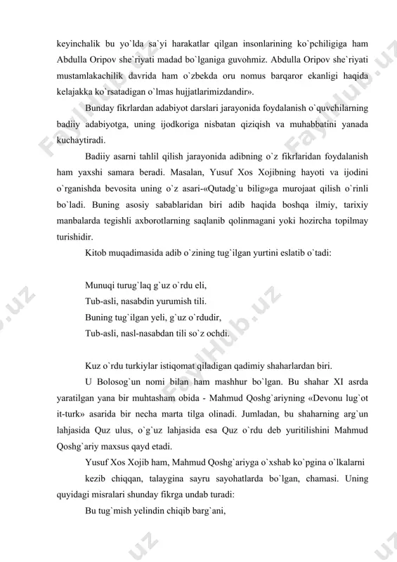 ban tugal qilg`ani. bu o`z tug`ilgan elidan chiqib borgani, kitobni jamlab tugal qilgani (haqida gapiradi). adib asarini yozishga bir yarim yil vaqg sarflaydi. tugal o`n sakkiz ayda aydim bu so`z, o`durdum, adirdim so`z evdim tera. bu so`zlarni tugal o`n sakkiz oyda aytib bo`ldim, tanladim, farqladim, terib so`z yig`ib (to`pladim). o`n sakkiz oy, tabiiyki, asarni bevosita yozish uchun sarflangan muddat. adibning unga katta tayyorgarlik ko`rgani va ko`p kuch sarflagani aniq. har holda asarning qashg`arda tugatilgani maxsus qayd etiladi: barusi bitilmish, yyeturmish nizam, bu qashg`ar elinda qo`shulmish tamam. borini yozdim, tartib berdim, bu kitob qashqar elida tamom yozildi. «qutadg`u bilig» da dostonning yozilishi sanasi ham qayd etilgan: yil altmish yeki to`rt yuz bila, bu so`z so`zladim men tutib jan sura. to`rt yuz oltmish ikkinchi yil edi, men jonni koyitib ushbu so`zni so`zladim. to`rt yuz oltmish ikkinchi - hijriy yili. uni milodga aylantirsak, 1069-1070 yillarga to`g`ri keladi. adibning ismi yusuf ekanligi haqida asar …