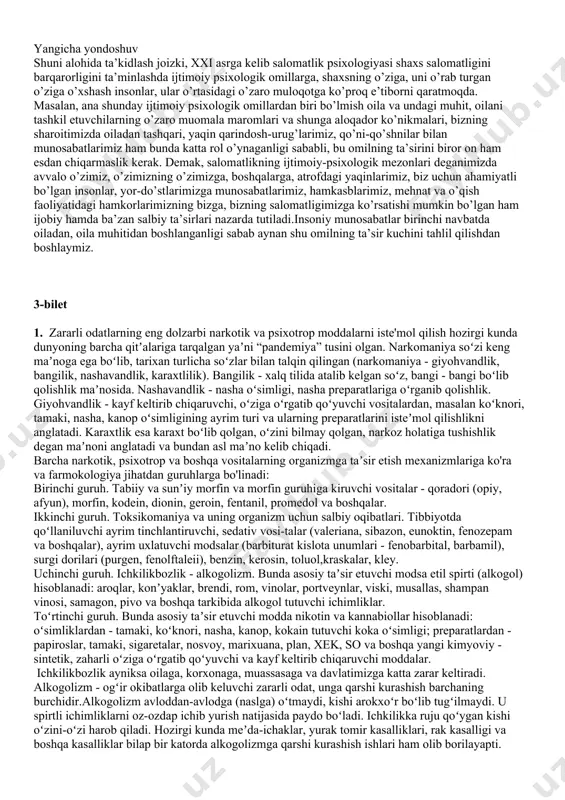 i faoliyat koʻrsatmoqda. ularda kadrlar tayyorlash va ular malakasini oshirish, favqulodda vaziyatlarda tibbiy yordam koʻrsatish ishlari amalga oshiriladi. tibbiy kadrlar tayyorlashda ijobiy oʻzgarishlar roʻy berdi. tibbiyot oliy oʻquv yurtlarida oʻqish muddati 7 yilga uzaytirilib, bakalavr va magistrlar, shuningdek, oliy malakali tibbiy hamshiralar — qamshiralar ishi bakalavrlari tayyorlanadigan boʻldi. onalar va bolalarni muhofaza kilish xizmatini rivojlantirishning asosiy yoʻnalishlari uzoq muddatga moʻljallangan davlat dasturlarida ["onalar va bolalar skriningi" (1998), "soglom avlod" (2000), "ona va bola" (2001), "ayollar va oʻsib kelayotgan avlodlar sogʻligʻini mustahkamlash boʻyicha qoʻshimcha tadbirlar toʻgʻrisida" (2002)] belgilab beriddi. ekstragenital kasalliklarni aniklash va bunday bemorlarni soglomlashtirish uchun fertil yoshdagi ayollarni tibbiy koʻrikdan oʻtkazish ishi yanada jonlantirildi, ularni kontratseptiv vositalar bilan taʼminlash hajmi koʻpaytirildi, aholi, ayniqsa, yoshlar oʻrtasida barvakt va yaqin qarindoshlar bilan turmush qurishning salbiy oqibatlari, ekstragenital kasalliklari bor ayollarda homilador boʻlish va tugʻishning oldini olish buyicha tushuntirish ishlari ancha faollashtirildi. tugʻma nuqsonli va irsiy kasalligi bor bolalarning tugʻilishi oldini olish …