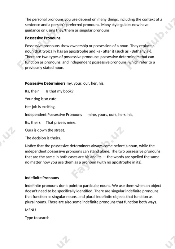 t at the table. can you bring some? most indefinite pronouns work whether the noun comes before the pronoun or not. however, clarifying the noun in the previous sentence may help with any misunderstanding. relative pronouns relative pronouns connect a clause or phrase to a noun or pronoun. we often see them when we need to add more information. they also include indefinite relative pronouns, which are relative pronouns with «ever» at the end. relative pronouns who, whom, which, whose, that find the man who stole the money. the dog, which barked all night, is asleep. i sold the watch that my sister gave me. indefinite relative pronouns whoever, whomever, whichever, whatever thank whoever sent a gift. whichever you choose will be great. we should take whatever train comes next. you can use relative pronouns to introduce adjective clauses. they connect dependent clauses to independent clauses to create a more …