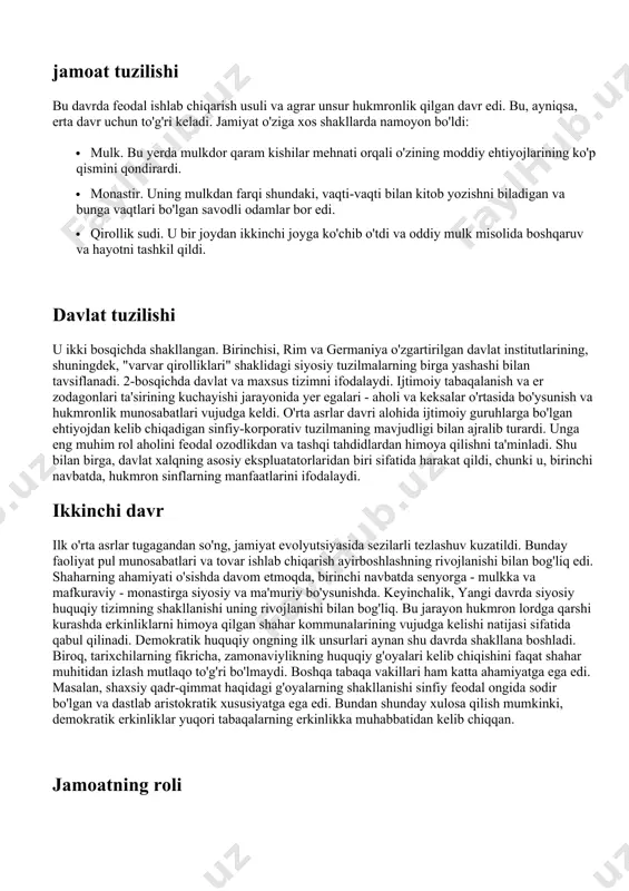istagi. ular turli voqealar va o'zgarishlar bilan esda qoladi. keyinchalik, biz o'rta asrlarning xususiyatlarini batafsil ko'rib chiqamiz. umumiy ma'lumot o'rta asrlar - bu juda uzoq davr. uning doirasida evropa tsivilizatsiyasining kelib chiqishi va keyingi shakllanishi sodir bo'ldi, uning o'zgarishi - o'rta asrlarga o'tish g'arbiy rimning qulashiga to'g'ri keladi (476), ammo zamonaviy tadqiqotchilarning fikriga ko'ra, uni kengaytirish adolatliroq bo'ladi. chegara 6-asr boshlarigacha - 8-asr oxirigacha, lombardlar italiyaga bostirib kirgandan keyin. o'rta asrlar davri 17-asrning o'rtalarida tugaydi. an’anaga ko‘ra, davrning oxiri hisoblanadi.ammo shuni ta’kidlash joizki, so‘nggi asrlar o‘rta asr xarakteridan ancha yiroq edi. tadqiqotchilar 16-asr oʻrtalaridan 17-asr boshlarigacha boʻlgan davrni ajratishga moyildirlar. bu "mustaqil" davr erta o'rta asrlar davrini ifodalaydi. shunga qaramay, bu, oldingi davriylashtirish juda shartli. o'rta asrlarning o'ziga xos xususiyatlari bu davrda shakllanish sodir bo'ldi.bu davrda qator ilmiy-geografik kashfiyotlar boshlanadi, zamonaviy demokratiyaning ilk belgilari - parlamentarizm paydo bo'ladi. mahalliy tadqiqotchilar o‘rta asrlar davrini “qora asrlar” va “qorong‘u davrlar” davri sifatida …