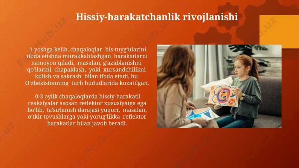aklarning sut emish refleksi tug'ilishdan keyin 30-40 minut ichida paydo bo'ladi va bu ularning oziq-ovqatga bo'lgan ehtiyojini qondirishdagi muhim bosqich hisoblanadi, dunyo sog'liqni saqlash tashkiloti (who) ma'lumotlariga ko'ra. oila muhiti va tarbiyaning ta’siri kam taʼminlangan oilalardagi chaqaloqlarning til rivojlanishi, boy va qoʻllab-quvvatlovchi oila muhitidagi tengdoshlariga nisbatan oʻrtacha 12 oyga kechikishi mumkin, bu esa aqshning milliy sogʻliqni saqlash instituti maʼlumotlarida koʻrsatilgan. ona bilan chaqaloq oʻrtasidagi dastlabki 6 oylik munosabatlar, keyinchalik bolaning ijtimoiy-emotsional rivojlanishiga, masalan, 2 yoshida oʻz-oʻzini boshqarish koʻnikmalarini rivojlanishiga katta taʼsir qiladi, oksford universiteti tadqiqotchilari buni isbotlagan. e'tiboringiz uchun rahmat @taqdimot_robot image2.png image3.svg image5.png image8.jpg image9.jpg image10.jpg image11.jpg image12.jpg image13.jpg image14.jpg image15.jpg image16.jpg image17.jpg image18.jpg image19.jpg image20.jpg image21.jpg image22.jpg image23.jpg image24.jpg image1.png