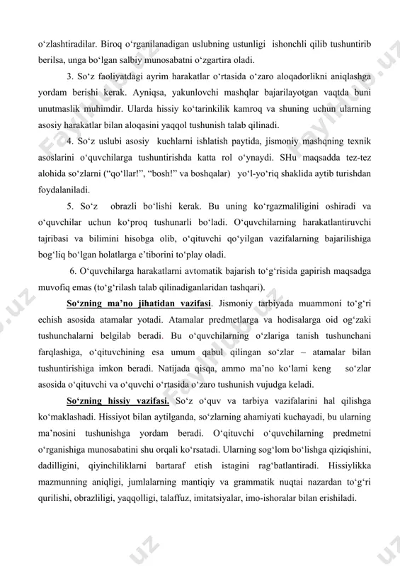 unlovchi mashqlar bajarilayotgan vaqtda buni unutmaslik muhimdir. ularda hissiy ko‘tarinkilik kamroq va shuning uchun ularning asosiy harakatlar bilan aloqasini yaqqol tushunish talab qilinadi. 4. so‘z uslubi asosiy kuchlarni ishlatish paytida, jismoniy mashqning texnik asoslarini o‘quvchilarga tushuntirishda katta rol o‘ynaydi. shu maqsadda tez-tez alohida so‘zlarni (“qo‘llar!”, “bosh!” va boshqalar) yo‘l-yo‘riq shaklida aytib turishdan foydalaniladi. 5. so‘z obrazli bo‘lishi kerak. bu uning ko‘rgazmaliligini oshiradi va o‘quvchilar uchun ko‘proq tushunarli bo‘ladi. o‘quvchilarning harakatlantiruvchi tajribasi va bilimini hisobga olib, o‘qituvchi qo‘yilgan vazifalarning bajarilishiga bog‘liq bo‘lgan holatlarga e’tiborini to‘play oladi. 6. o‘quvchilarga harakatlarni avtomatik bajarish to‘g‘risida gapirish maqsadga muvofiq emas (to‘g‘rilash talab qilinadiganlaridan tashqari). so‘zning ma’no jihatidan vazifasi. jismoniy tarbiyada muammoni to‘g‘ri echish asosida atamalar yotadi. atamalar predmetlarga va hodisalarga oid og‘zaki tushunchalarni belgilab beradi. bu o‘quvchilarning o‘zlariga tanish tushunchani farqlashiga, o‘qituvchining esa umum qabul qilingan so‘zlar – atamalar bilan tushuntirishiga imkon beradi. natijada qisqa, ammo ma’no ko‘lami keng so‘zlar asosida o‘qituvchi va o‘quvchi o‘rtasida …