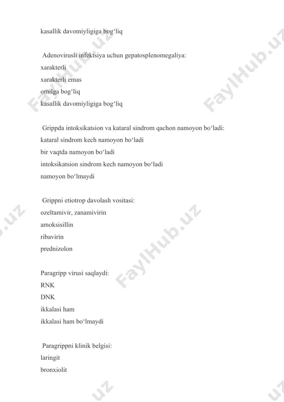 eyingi 3 sutkada zararlangandan keyingi 2 sutkada zararlangandan keyingi 5 sutkada zararlangandan keyingi 10 sutkada bir yilda 4-5 marta kasallanuvchi bolalar qaysi guruhga kiradi tez-tez kasallanuvchilar infektsion labil rekurrent tranzitor gripp diagnostikasi uchun oʻtkazish tavsiya etiladi s-reaktiv oqsil miqdorini aniqlash pzr qonni ekib koʻrish burundan surtma olib ekish laringit uchun xos ovoz boʻgʻilishi angina adenoid bezlarining kattalashishi krepitatsiya koʻpchilik virusli infektsiyalarni inkubatsion davri 2 kundan 7 kungacha 14 kundan koʻp 3 kungacha 7 kundan 10 kungacha chin kasallanuvchi bolalar – bu guruhga kiradi bir yilda 4-5 marta kasallanuvchi bolalar 6 martadan koʻp kasallanuvchi bolalar qaytalanuvchi infektsiyaga moyil boʻlgan bolalar bir yilda 1-2 marta kasallanuvchi bolalar grippning spetsifik profilaktikasi uchun oʻtkaziladigan chora tadbirlar? emlash xonaga kvars lampa yoqib qoʻyish niqob taqish arbidol ichish grippning asosiy simptomi yoʻtal limfadenopatiya jigar kattalashishi taloq kattalashishi traxeitda kuzatiladi ogʻriqli, tez - tez yoʻtal nafas etishmovchiligi balgʻamli yoʻtal hiqildoq stenozi yuqori nafas yoʻllarining qaytalanuvchi va persistirlovchi …