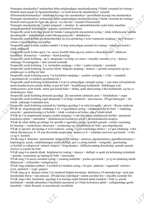 sh.+ ovqat maxsulotlari bilan oksilning koʻp qabul kilinishi. jigar sirrozi bemorlarida jigar yetishmovchiligiga olib keluvchi 3 ta sababni koʻrsating + qiziloʻngachning kengaygan venalaridan qon ketish + siydik xaydovchi dorilarni xaddan tashkari qabul qilish + parasintez orqali koʻplab suyuqlik chikarib tashlash jigar sirrozi uchun 3 ta klinik sindromni aniqlang:+ asteno- vegetativ + jigar- xujayra yetishmovchiligi + portal gipertenziya jigar sirrozida 3ta mezenximial- yalliglanish markerlarini aniqlang:+ echt + gammoglobulin + timol sinamasi jigar sirrozidagi assit rivojlanishning 3ta mexanizmini ayting:+ darvoza venasida bosimni oshishi+plazmada onkotik bosimni pasayishi+organizmda natriy va suvni ushlab qolinishi, aldosteron koʻp ajralishi va antdiukuretik gormon xisobiga jigar sirroziga xos 5 ta sindromni aniqlang+ portal gipertenziya+ asteno- vegetativ+ dispeptik+ sitolitik+ mezenximal- yalliglanish jigar sirrozining 3 ta asosiy morfologik belgisini koʻrsating.+ katta tugunli + kichik tugunli + aralash jigar sirrozining 3ta asosiy belgisini sanang:+ bo‘laklar aro biriktiruvchi toʻqima usishi + regenrativ tugunlar xosil boʻlishi + jigarning xamma funksiyalarining keskin buzilishi jigar sirrozining …