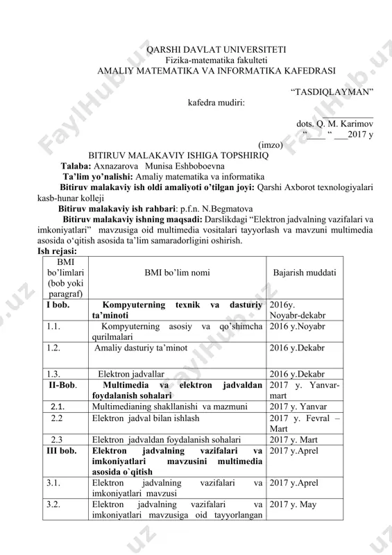 ktron jadvalning vazifalari va imkoniyatlari mavzusiga oid tayyorlangan multimedia vositalari 2017 y. may 3.3. tayyorlangan multimediali vositalardan namunalar va ulardan foydalanish uslubiyoti 2017 y. may xulosa adabiyotlar bitiruv malakaviy ishni bajarish uchun zarur bo’lgan materiallar: a) adabiyot manbalari: 1. b.b.mo‘minov. informatika. o‘quv qo‘llanma.-buxoro. 2012.-450 b. 2. b.boltayev, a.a’zamatov, a.asqarov, m.sodiqov, g.azamatova. informatika-umumiy o’rta ta’lim maktablarining 8-sinfi uchun darslik/-t.: “g‘afur g‘ulom” nashriyoti,2011. -141 bet. 3. vaxobjonov b. innovatsion pedagogik texnologiya asoslari. – toshkent: talqin, 2010. - 126 b. 4. hamdamov.r.x, u.begimqulov, n.toyloqov. ta’limda axborot texnologiyalari. –t. 2010.120 b. b) qonun-me’yoriy hujjatlar: 1. o‘zbekiston respublikasining kadrlar tayyorlash milliy dasturi // barkamol avlod – o‘zbekiston taraqqiyotining poydevori.- t.: ”sharq”, 1998. – 31-61 b. 2. “barkamol avlod yili” davlat dasturi. – t.: o‘zbekiston, 2010. -38 b 3. kompyuterlashtirishni yanada rivojlantirish va axborot-kommunikatsiya texnologiyalarini joriy etish to‘g‘risida» o‘zbekiston respublikasi prezidentining farmoni, 2002 yil 30 may, pf-3080-son. 4. v) statistik va boshqa ma’lumotlar: internet ashyolaridan olingan. …