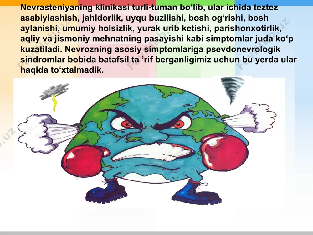 ydi. ular tutqanoq xuruji paytida o‘ziga qulay joy topib, biror joyiga qattiq shikast yetkazmasdan yiqilishadi. xuruj paytida bemorlar, odatda, yoy singari egiladi — bunga isterik yoy deb ataladi. miyadan ketmaydigan fikrlar miyadan ketmaydigan fikrlar nevrozning bir turi hisoblanib, uning uchun psixastenik belgilar juda xosdir, ya’ni doimiy shubhalar, qo‘rquv, miyaga azob beruvchi tasawurlar va g‘oyalar, turli harakatlar va intilishlar. bemor bu fikrlarning barchasidan qutulishga harakat qiladi, intiladi, davo choralarini izlaydi, lekin bu urinishlar, ko‘pincha, zoye ketadi, uni miyaga o‘rnashib qolgan fikrlar qiynayveradi. miyadan ketmaydigan fikrlarning doimiyligi, takrorlash butun jahon sog‘liqni saqlash tashkiloti ma’lumotlariga ko‘ra, yer sharida depressiya bilan ro‘yxatga olinganlar soni 110.000.000 dan oshiq. biroq, aksariyat mutaxassislar fikricha, depressiya bilan kasallangan har 3 bemordan 1 tasi vrach nazoratida turadi, xolos. boshqa bir mutaxassislar fikricha, depressiya bilan kasallanganlar sonini aniqlash mushkul, chunki u turli klinik ko‘rinishda namoyon bo‘lmoqda va hamma vaqt ham diagnoz to‘g‘ri aniqlanayotgani yo‘q. chunki depressiya bilan og'rigan bemorlarning hammasi …