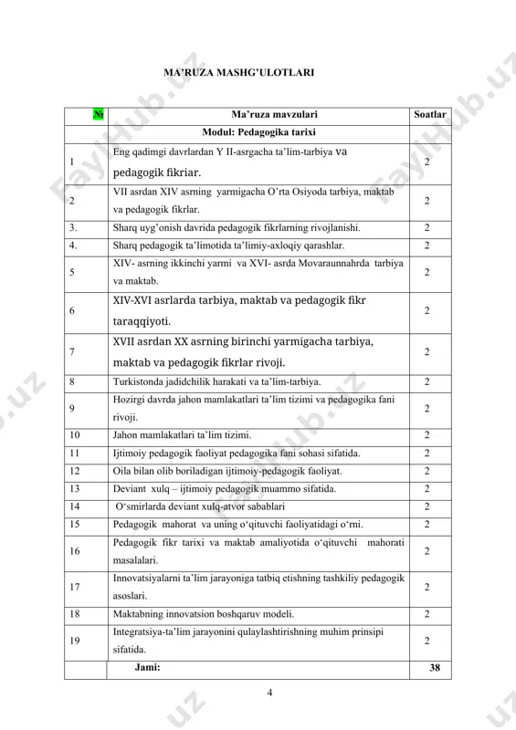 n cheklanmaydi, erishgan yutuqlari ham butun insoniyatga foyda keltirishi lozim. pedagogika tarixi fanining ilmiy - nazariy, ijtimoiy - amaliy vazifalari quyidagilardan iborat: – ta’lim - tarbiya qonuniyatlarini umuminsoniy va milliy, ijtimoiy hodisa sifatida, shuningdek, jamiyatning o’zgaruvchan ehtiyojlari bilan bog’liq holda o’rganish; – ta’lim va tarbiyaning maqsadi, mazmuni shakllarini jamiyatning iqtisodiy rivojlanish darajasi bilan bog’liq holda yoritish; – o’tmishda pedagogikaning rivojlanishi va ta’lim - tarbiya sohasidagi orttirilgan ijobiy tajribalarni umumlashtirish,tatbiq etish usullarini ko’rsatib berish; – ijtimoiy pedagogik fikrlar taraqqiyotining har bir bosqichida o’rta osiyo hududida va jahonning boshqa mintaqalarida pedagogik fikrlar rivojlanishini va ta’lim-tarbiya holatini tarixan haqqoniy tasvirlash; – pedagogik tarixiy bilimlar – bo’lajak iqtisodchi pedagoglarning milliy, tarixiy, ma’naviy-pedagogik ongini shakllantirishga faol ta’sir etishini nazarda tutish. pedagogika tarixi ham mustaqil fan sifatida o’ziga xos ilmiy-tadqiqot metodlari va manbalariga egadir. odatda, pedagogik-tarixiy sohadagi izlanishlarida quyidagi ilmiy-tadqiqot metodlari qo’llaniladi: arxeologik va tarixiy yodgorliklarni, xalq og’zaki ijodi materiallarini, buyuk mutafakkirlar va ma’rifatparvarlarning ta’limiy-badiiy va …