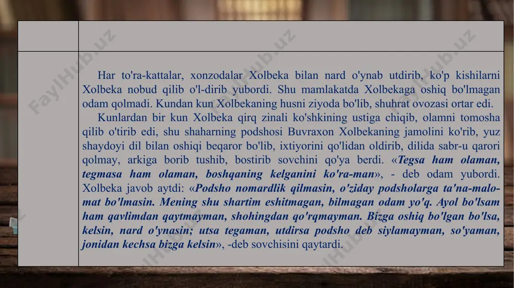 nesin qilasizlar tomosha, yo'l beringlar, tomoshabin jonlarim. bolamning oldida men dod aylayin, o'z holima necha faryod aylayin, o'lganning nesin qilasizlar tomosha, qochinglar, bolamni ozod aylayin... quloq soling gapimning payvastiga, mayiblarday ingranadi kuntug'mish, bo'zlab bordi zolim doming ostiga. endi turgan katta-kichiklar, umarolar, amaldorlar, podshoning oldida turgan in'omli kishilar kuntug'mish to'ra bilan qayta boshdan ko'rishib, ixlos-e'tiqodi ziyo-da bo'lib, gurkiboy bilan mohiboyni izzat-hurmat qilib, shohona kiyimlar kiygizib, toji xisravni boshiga qo'yib, qayta boshdan muborakbod qildilar. kuntug'mish to'ra ham ko'hna xazinalarini ochirib, tilla-kumushni elatiyasiga in'om-ehson qila berdi. endi zangar eliga podshoh qirq kun to'y berdi. zangarning katta-kichigini yig'ib, hammasini o'zidan rozi qilib turgan vaqtida, arkoni davlat turib arz qildi: «buvraxon podsho azbarxo'jani zindon qilgan edi, hali o'lgani yo'q, zindonda yotibdi. farmoyishlari nima?» kuntug'mish to'ra buyurdi: «01ib chiqinglar!» azbarxo'jani zindondan olib chiqdilar. kuntug'mish ikki o'g'liga buyurdi: «mening «do'stimdan» o'chlaringni olinglar. men do'stlik otini tutganman, qoshiga bormayman, yuzini ko'rmayman...» shunda mohiboy bilan gurkiboy qo'llariga xanjarni olib, …