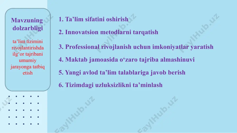 iyatini yaratishdir. vazifalar ilgʻor pedagogik tajribalarni aniqlash va tahlil qilish tajriba almashinuvi va metodlarni ommalashtirish mexanizmini ishlab chiqish ilgʻor tajribalarni amaliyotga tatbiq etish metodik qoʻllanmalar va resurslarni ishlab chiqish nazorat va tahlil mexanizmini joriy etish motivatsiya va ragʻbatlantirish tizimini yaratish muammo yuzasidan xorijiy tajribalarni o‘rganilganligi yaponiya germaniya kanada yaponiyada taʼlim jarayonida ilgʻor pedagoglarning tajribasini ommalashtirish quyidagi xususiyatlar bilan ajralib turadi: lesson study (dars tadqiqoti) amaliyoti keng qoʻllaniladi. bu jarayonda oʻqituvchilar guruhlari dars jarayonlarini birgalikda rejalashtirib, tahlil qiladi va tajriba asosida takomillashtiradi. har bir maktabda doimiy ravishda oʻqituvchilar uchun oʻquv-seminarlar va malaka oshirish kurslari tashkil etiladi. shaxsiy pedagogik yondashuvlarni oʻzaro baham koʻrish majburiy hisoblanadi, bu orqali hamkorlik madaniyati shakllanadi germaniyada ilgʻor pedagogik tajribalarni ommalashtirish davlat va maxsus institutlar tomonidan qoʻllab-quvvatlanadi: bildungsstandards (taʼlim standartlari) asosida ilgʻor tajribalarni umumiy tizimga integratsiya qilishga eʼtibor qaratiladi. oʻqituvchilarning malakasini oshirish uchun didaktik markazlar faoliyat yuritadi.raqamli texnologiyalar va innovatsion usullardan foydalanishni ragʻbatlantiruvchi davlat dasturlari amalga oshiriladi. kanadada …