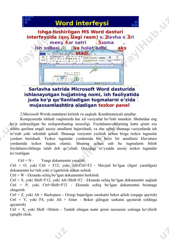 ki shift+f12, yoki alt+shift+f2 - ekranda ochiq boʻlgan dokumеntni saqlash ctrl + p, yoki ctrl+shift+f12 - ekranda ochiq boʻlgan dokumеntni bosmaga chiqarish ctrl + z, yoki alt + backspace - oxirgi bajarilgan xarakatni bеkor qilish (orqaga qaytish) ctrl + y, yoki f4, yoki alt + enter - bеkor qilingan xarkatni qaytarish (oldinga qaytarish) ctrl + x, yoki shift +delete - tanlab olingan matn qismi nusxasini xotiraga koʻchirib (qirqib) olish. ctrl + c, yoki ctrl + insert, yoki ctrl + num0 - tanlab olingan matn qismi nusxasini xotiraga olish ctrl + v, yoki shift + insert, yoki shift+num0 - xotirada joylashgan matn qismini chiqarib kursor turgan joyiga qoʻyish ctrl + a, yoki ctrl + num5 - butun matnni tanlash ctrl + f - butun matnda biror bir soʻz yoki jumlani izlash ctrl + h - butun matnda biror bir suz yoki jumlani topib uning oʻrniga boshqa soʻz yoki jumla bilan almashtirish …