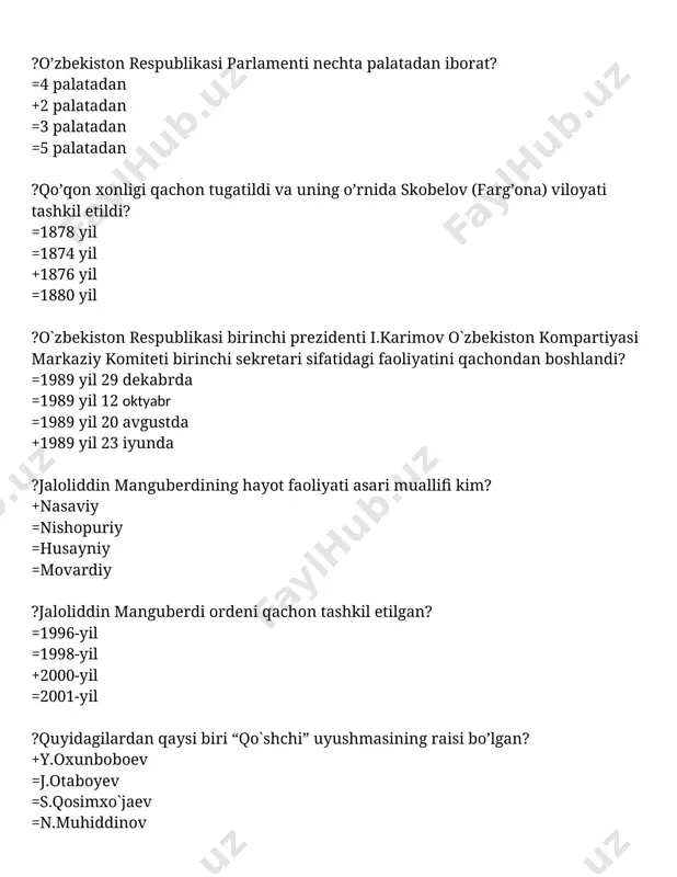 irinchi bo`lib ishlatgan shaxs =troyani kashf qilgan ingliz olimi ="xitoy" nomli asarni yozgan nemis olimi ?qo`zaliqir shahri qaysi davlat hududlarida joylashganini toping =parfiya =baqtriya +xorazm =so`g’d ?qang’ davlati… =mil.avv.iii a. – mil. ii a. farg’ona vodiysi +mil.avv.iii asr – mil.iii asr toshkent vohasi, chimkent viloyati, sirdaryoning quyi havzasi =mil.avv.i – mil.iv a. markaziy osiyo, pokiston, afg’oniston, shimoliy hindiston =mil.avv.vii asr – mil. iii asr. ashxobod atrofi, shimoli-sharqiy eron ?kushonlar davlatining asoschisi kim bo’lgan =kanishka +kudjula kadviz =xuvishka =vasishka ?qaysi shaharda o'zbekiston, qozog'iston, qirg'iziston davlat boshliqlarining kengashi bo'lib unda uch qardosh davlatlar o'rtasida abadiy do'stlik haqida shartnoma imzolandi? +bishkek =ostona =cho’lponota =toshkent ?kushonlar davlatining dastlabki poytahti +dalvarzintepa =qoratepa =peshavor =qiziltepa ?2022 — 2026 yillarga mo‘ljallangan yangi o‘zbekistonning taraqqiyot strategiyasini beshinchi yo'nalishi nima deb nomlanadi? =milliy manfaatlardan kelib chiqqan holda umumbashariy muammolarga yondashish =mamlakatimiz xavfsizligi va mudofaa salohiyatini kuchaytirish, ochiq, pragmatik va faol tashqi siyosat olib boorish +ma’naviy taraqqiyotni ta’minlash va sohani …