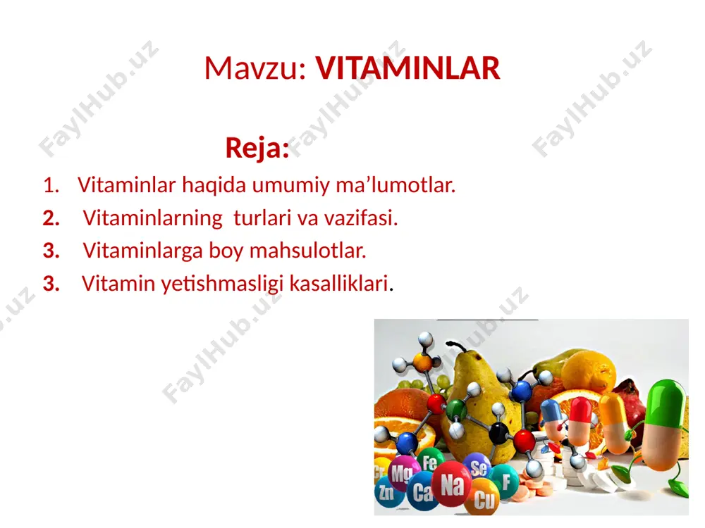 itamin yetishmasligi, avitaminoz. a vitamini yetishmasligi immun tizmini zaiflashtiradi, so`lak bezlari sekreciyasini pasaytiradi. bemorlarda ko`pincha qorong`ida ko`rish qobilyatining susayishi kabi belgilar kuzatiladi. shuningdek sezish qobilyatining buzilishi, ko`zning qizarishi, qovoqlarning shishishiga ham sabab bo`lishi mumkin. vitamin a kam bo‘lgan hollarda teri quruqshab, soch to‘kiladi. e’tiboringiz uchun rahmat image1.jpeg image2.jpeg image3.jpeg image4.jpeg image5.jpeg image6.jpg image7.jpg image8.jpg image9.jpg image10.jpg image11.jpg image12.jpg image13.jpg image14.jpg image15.jpg /docprops/thumbnail.jpeg