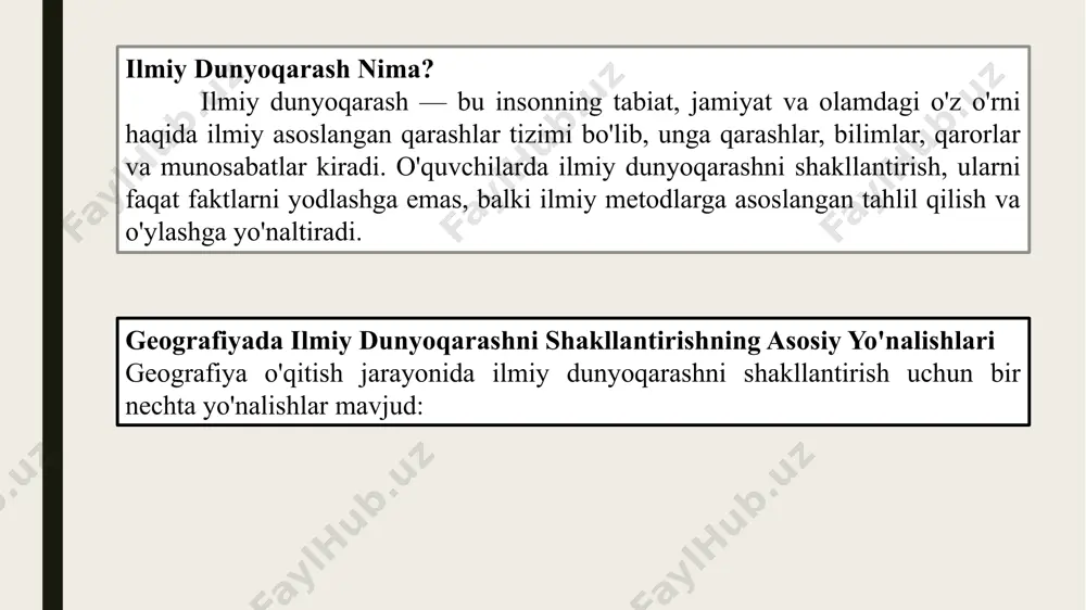 idagi geografik muammolarni o'rganishni tavsiya etish. masalan, "suv taqchilligi muammosini hal qilish uchun qanday ilmiy yondashuvlar kerak?" kabi mavzularni o'rganish. o'quvchilarga ilmiy izlanishlar olib borish va tadqiqotlar qilishni o'rgatish, ularning bilim va qiziqishlarini kengaytiradi, shuningdek, ilmiy dunyoqarashni shakllantirishga yordam beradi. o'quvchilarda ekologik madaniyatni shakllantirish tabiatni himoya qilish: geografiya darslarida ekologik muammolarni o'rgatish, ularning global ahamiyatini tushuntirish va atrof-muhitga bo'lgan mas'uliyatni targ'ib qilish. barqaror rivojlanish: o'quvchilarga barqaror rivojlanish prinsiplari, yashil iqtisodiyot, ekologik muhofaza va resurslardan oqilona foydalanish haqida ma'lumot berish. o'quvchilarda ekologik madaniyatni shakllantirish, ularning ilmiy dunyoqarashini rivojlantirish va tabiatga bo'lgan mas'uliyatli munosabatni o'rnatishga yordam beradi. muammoli munozara metodi bo'yicha bir soatlik dars ishlanmasi mavzu: iqlim o‘zgarishi va uning atrof-muhitga ta’siri darsning maqsadi: o'quvchilarga iqlim o'zgarishining sabablarini va oqibatlarini tushuntirish. muammoli munozara metodini qo'llash orqali o'quvchilarga mustaqil fikr yuritish va bahs-munozara olib borish ko'nikmalarini rivojlantirish. o'quvchilarning iqlim o'zgarishiga oid ilmiy va ijtimoiy masalalar bo'yicha o'z fikrlarini erkin va asosli tarzda ifodalash …