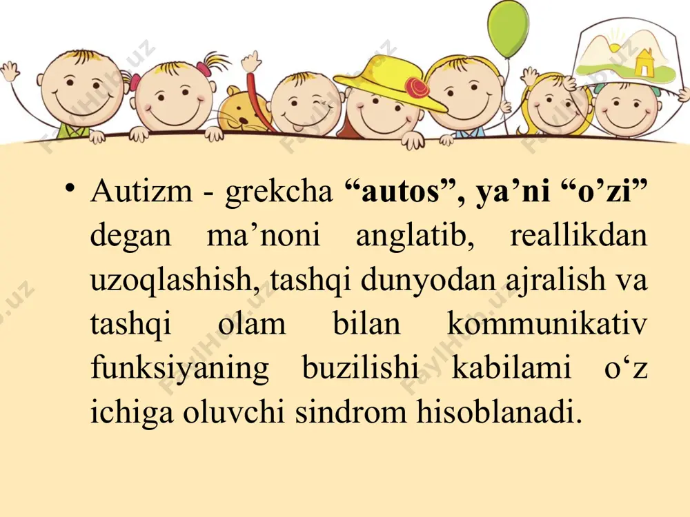 mustaqil nuqson sifatida ancha ko‘p miqdorda hisobga olindi. bolaiarga-“sababi noaniq bo‘lgan rivojlanishning og‘ir buzilishi” diagnozi qo‘yilgan. diagnozni o‘matishda ko‘proq bolaning hulq-atvoriga e’tibor beriladi. autizmning birinchi belgilari bir yoshda paydo bo’ladi. autizmning asosiy belgilari bir yoshdan to uch yoshgacha davrda to’liq namoyon bo‘ladi. ota-onalar quyidagi belgilarga e’tiborli bo‘lishlari kerak: - bolaning ota-onasi bilan bo‘lishini yoqtirmaslik (qo'liga olishi, quchoqlashishi, o‘pishi, silashi va h.k.) - uch yashar bola nutqining rivojlanmaganligi; - biron bir kishi bilan bo‘lishdan ko‘ra bir o‘zi bo‘lishini yoqtirishi; ular buyumlami doim bir xil tartibda qo‘yib chiqadilar ; - tevarak-atrof bilan aloqada bo’lishni istamasligi; qiziqmaslik. odatdan tashqari idrok etish reaksiyalari (ovozga, hid, ta’m, ushlab ko‘rishlarga), masalan ovozdan qattiq qo'rqib tushishi, ma’lum hiddan tushkunlikka tushishi va h.k. autizm bolada har xil darajada namoyon boiishi mumkin. maktabga yangi kelgan bolalarda autizmga o‘xshash belgilar paydo bo‘lishi mumkin, chunki bola yangi muhit, yangi sharoitga, yangi odamlarga hali o‘rganmagan bo‘ladi. og‘ir darajadagi autizmda aqli zaiflik belgilari …