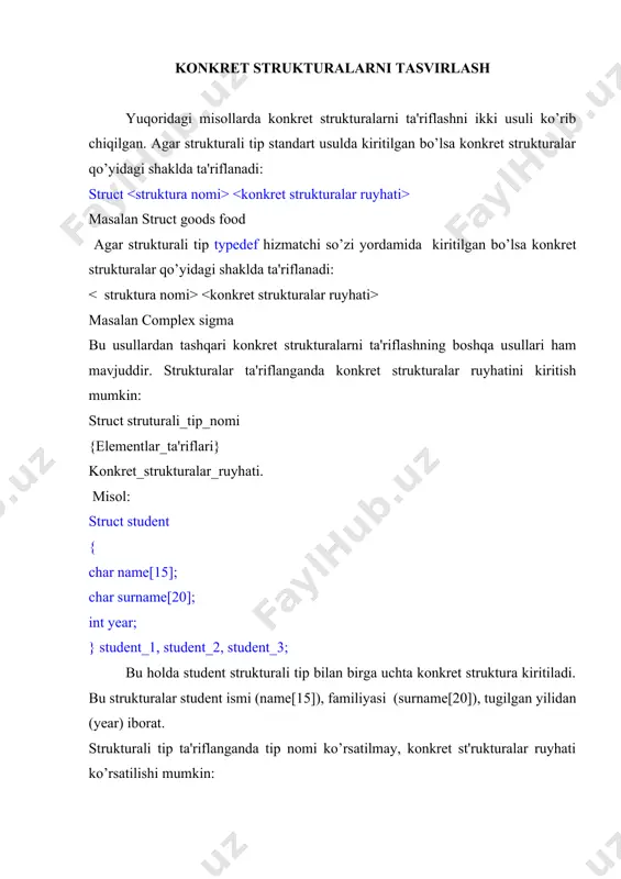 of(mass_point[0]); for (i=0;i ) amaliga asoslangan bo’lib qo’yidagi ko’rinishga ega: strukturaga ko’rsatkich->element nomi struktura elementlariga qo’yidagi murojaatlar o’zaro tengdir: (*pa).color==a.color==pa->color struktura elementlari qiymatlarini ko’rsatkichlar yordamida qo’yidagicha o’zgartirish mumkin: (*pa).color=red; pa->x=125; pa->y=300; dasturda nuqtaviy jismni tasvirlovchi particle strukturali tipga tegishli m_point strukturasi aniqlangan bo’lsin. shu strukturaga pinta ko’rsatkichini kiritamiz: struct particle * pinta=&m_point; bu holda m_point struktura elementlarini qo’yidagicha o’zgartirish mumkin: pinta->mass=18.4; for (i=0;i coord[i]=0.1*i; strukturalarga ko’rsatkichlar ustida amallar. strukturalarga ko’rsatkichlar ustida amallar oddiy ko’rsatkichlar ustida amallardan farq qilmaydi. agar ko’rsatkichga strukturalar massivining biror elementi adresi qiymat sifatida berilsa, massiv buyicha uzluksiz siljish mumkin buladi. misol tariqasida kompleks sonlar massivi summasini hisoblash masalasini ko’rib chiqamiz: #include void main() { sruct complex {float x; float y;} array[]={1.0,2.0,3.0,-4.0,-5.0,-6.0,-7.0,-8.0}; struct complex summa={0.0,0.0}; struct complex *point=&array[0]; int k,i; k=sizeof(array)/sizeof(array[0]); for(i=0;i x; summa.y+=point->y; point++; } cout real=(*a).real+(*b).real; c->imag=(*a).imag+(*b).imag; return c; } bu funktsiya complex tipidagi dinamik ob'ekt yaratib adresini qaytaradi. dasturda bu ob'ekt uchun ajratilgan joyni …