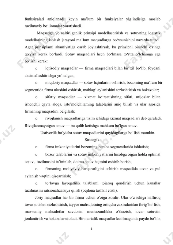 lda o‘tayotgan sotuv jarayonlarining logistik modelida maksimal darajada aksini topishiga aytiladi. kuzatuvchanlik prinsipi sotuvni logistika modellashtirish o‘z ichiga rasmiy matematikdan to mavjud bo'lgan ekspert modellar ko'lamini oladi. alternativlik prinsipi o‘zgarib turgan sotuv kanallari va bozor konyunkturasi sharoitida alternativ sotuv tizimi mavjudligi tushuniladi. komplekslilik prinsipi logistika modellarda barcha elementlar o‘zi va tashqi muhit bilan o'zaro aloqasini, bir-biriga o‘tkazadigan ta’sirini muqarrar ravishda ko'rsatib turishida aks etadi. taqsimot logistikasining sohalarda qo‘lanilishi va o‘zaro hamkorligi taqsimot logistikasi faoliyatini aniqlashda ikki yo‘l mavjud. birinchisi, yetkazib beruvchi ombordan tayyor mahsulotni jo'natish operatsiyalar kompleksini o‘z ichiga oladi. ikkinchisi, ancha keng qamrovga ega vazifalar. taqsimot logistikasi butun moddiy mahsulot aylanishini — mahsulot o‘qim liniyasidan tushishidan boshlab iste’molchining omboriga tushgungacha bo'lgan jarayon62 lami amalga oshiradi. bunda taqsimlash vazifalari mikro- va makrologistika darajasida hal etilishi hisobga olinishi kerak. mikrologistika darajasida quyidagi vazifalar hal etiladi: • sotish jarayonini rejalashtirish; • mahsulotni o‘rash usulini tanlash, uni butlash va konservalash; • mahsulotni yuklashni …
